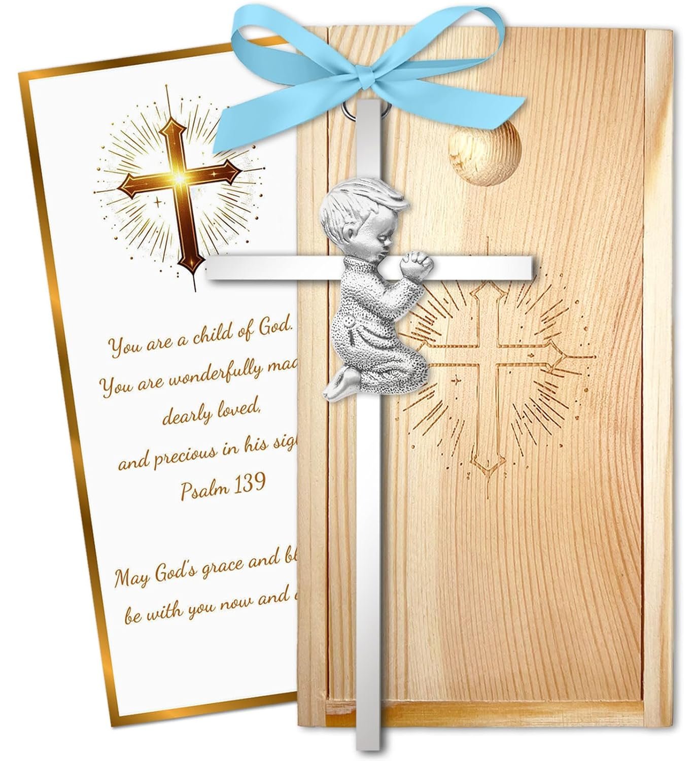 Baptism Gifts for Boys & Girls,First Communion Gifts for Kids,Christening Baby Shower Party 6in Praying Cross (1pc Silver Boy with Wooden Box)