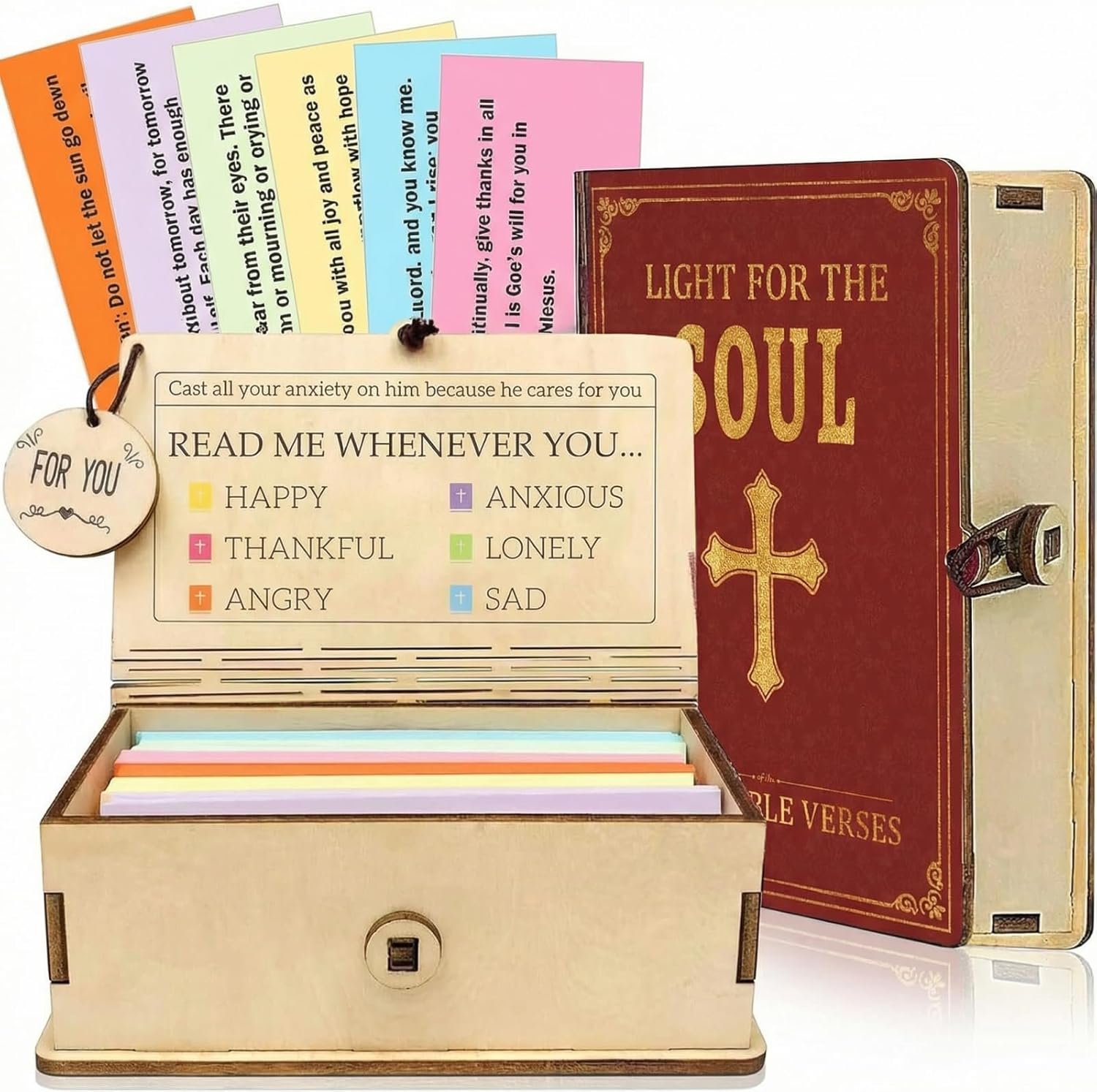 Bible Verse Wooden Box – 150 Color Coded Scripture Cards for 6 Emotions – Christian Gift for Feelings, Anxiety, Gratitude – Religious Scripture Memory Box for Women, Men, Graduation, Mother’s Day