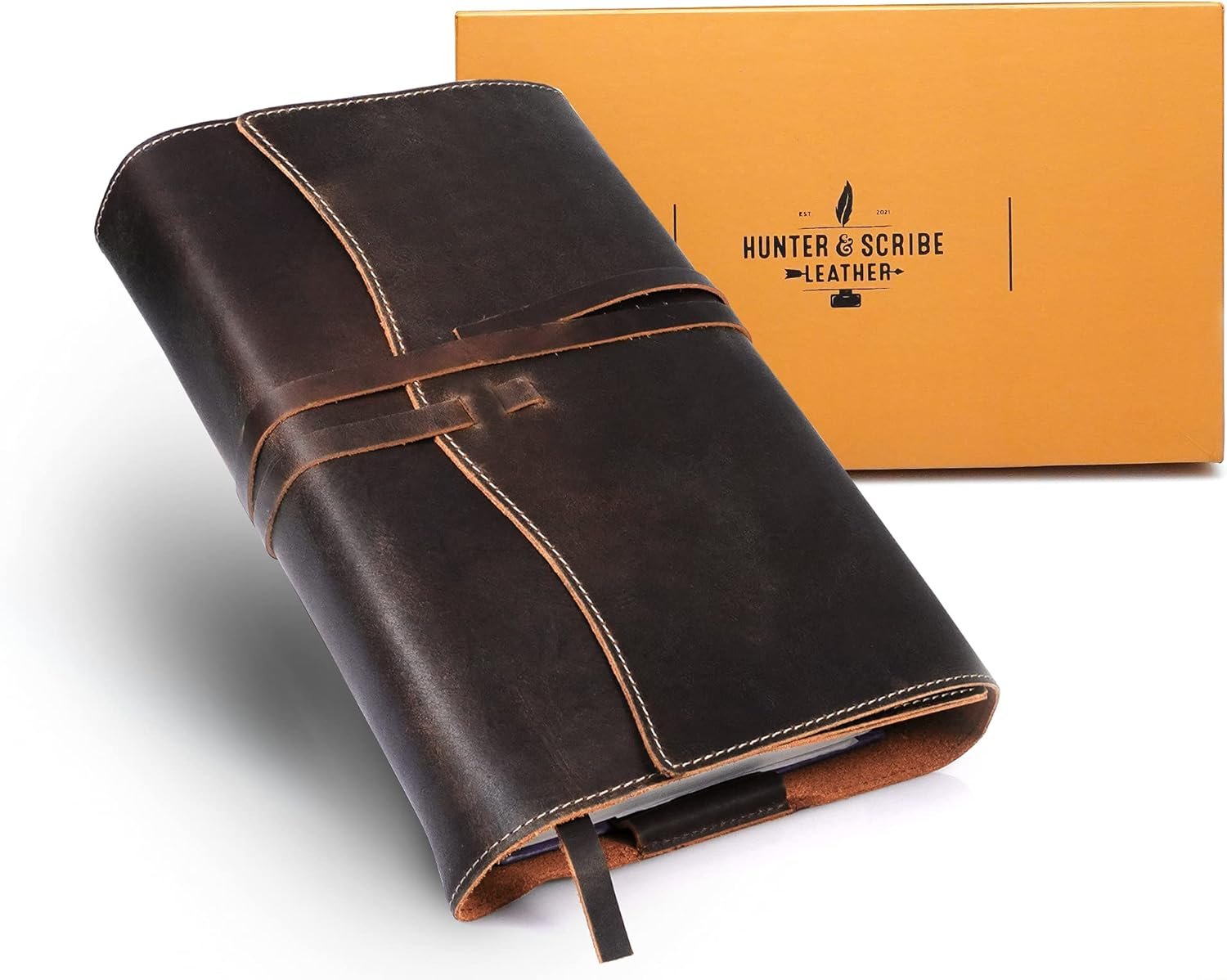 Hunter & Scribe Leather Book or Bible Cover for Men and Women – Handcrafted Genuine Top Grain Buffalo Leather – Christian Gifts – Medium Leather Bible Cover – Medium Book Cover