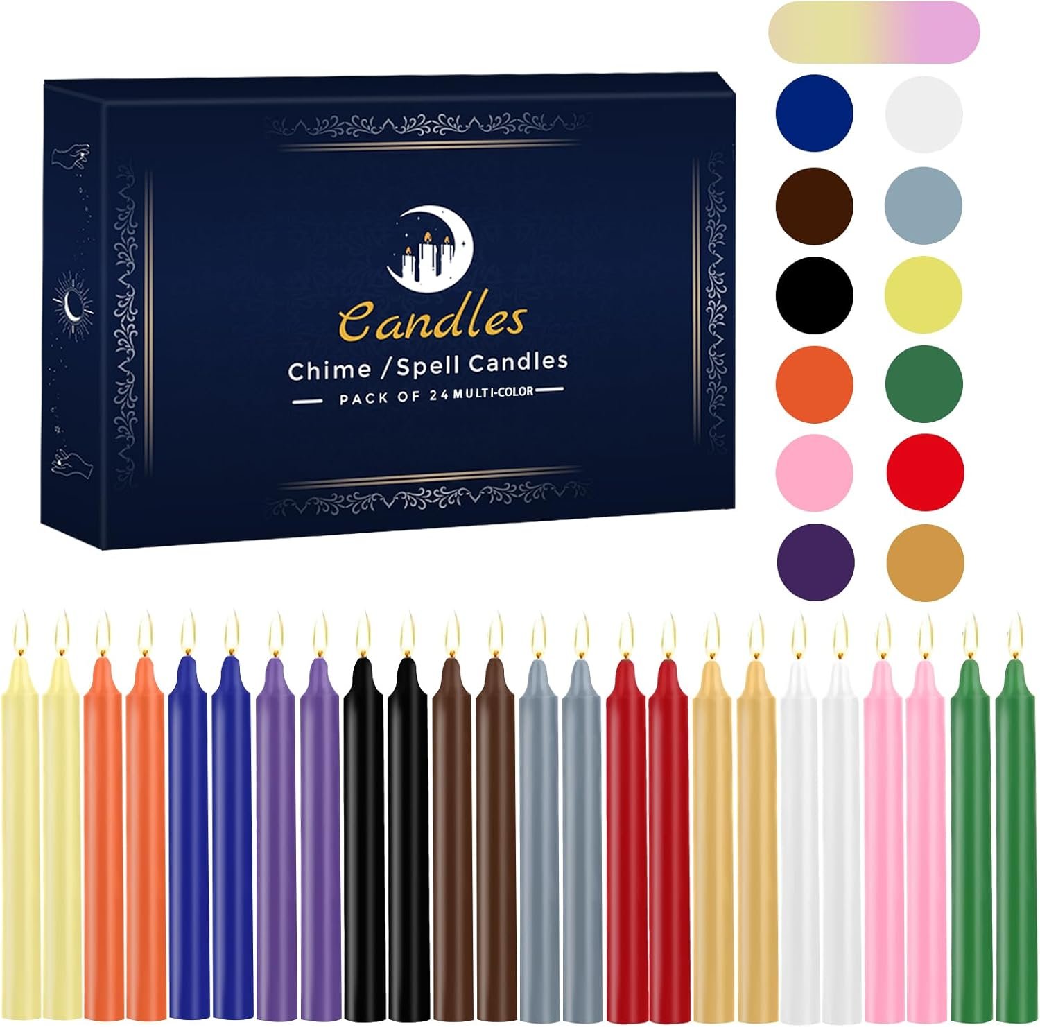 24 Pack Multicolor Spell Chime Candles – Premium Mini Unscented Taper Candles for Rituals, Prayer, Meditation, Altar, Spells – 4″ Tall – Ideal for Witches & Spiritual Practices