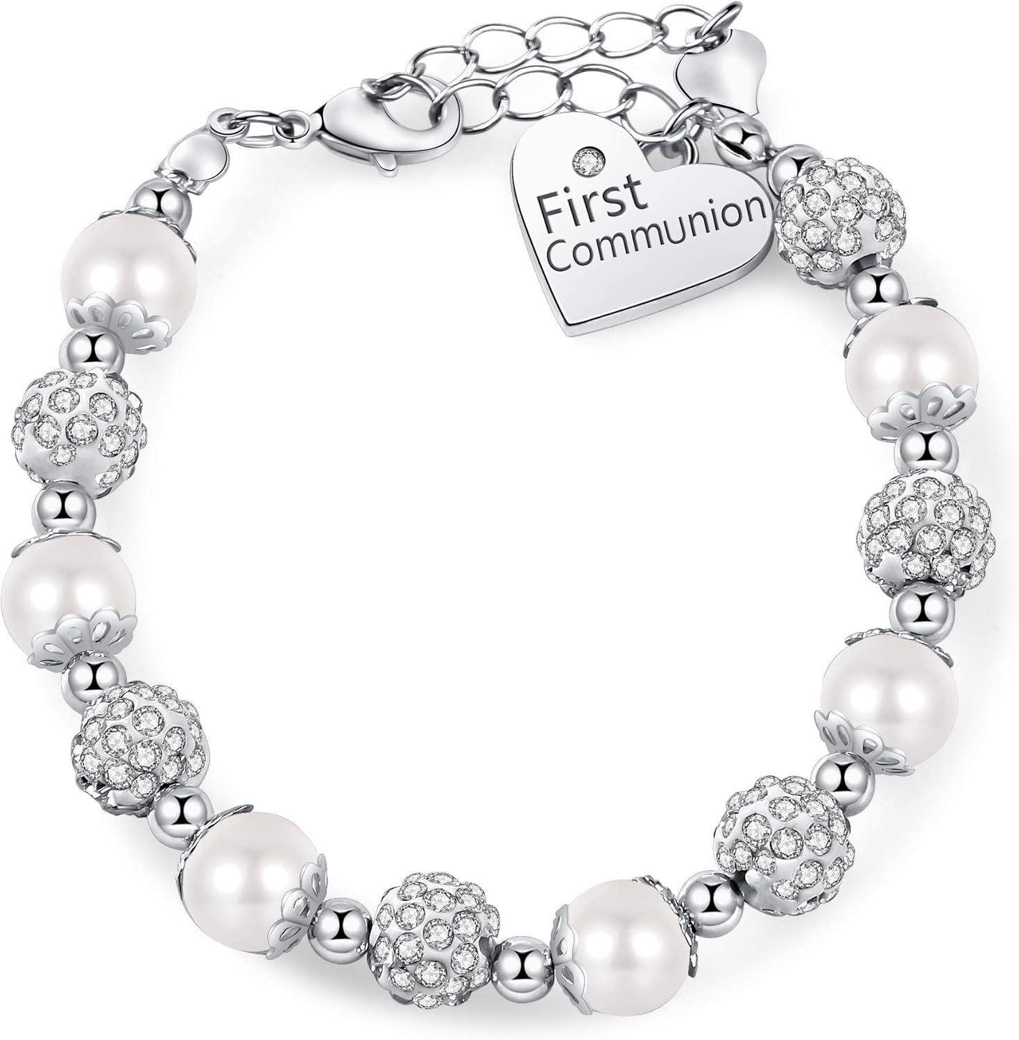 First Communion White Bead Charm Bracelet Handmade Jewelry Baptism or Christening Gift