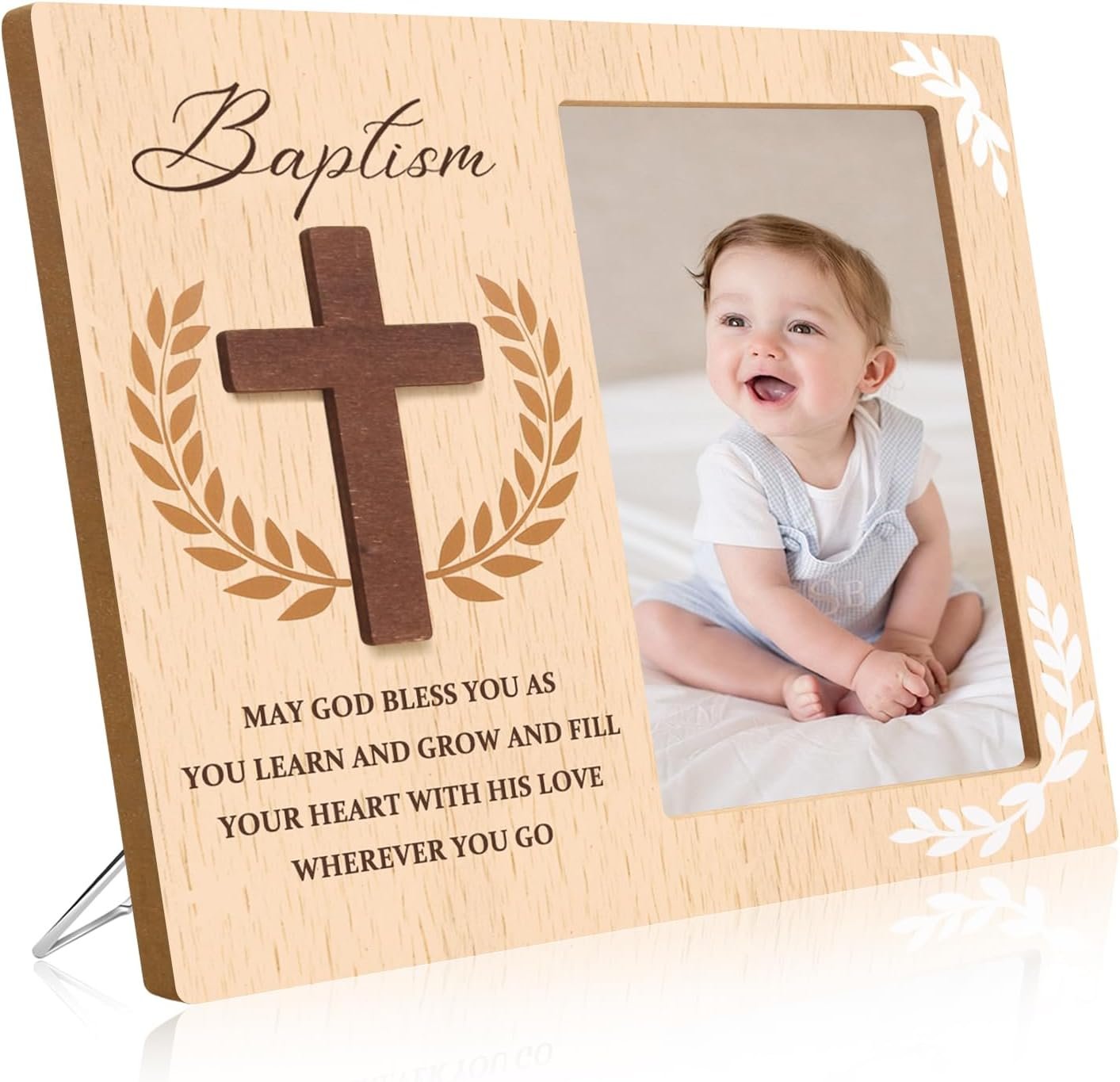 Baptism Picture Frame Gifts,Baptism Gifts for Boys Girls, Christening Baby Gift from Godparents Friends Family,3D Cross Wood Picture Frame(4×6-Vertical)