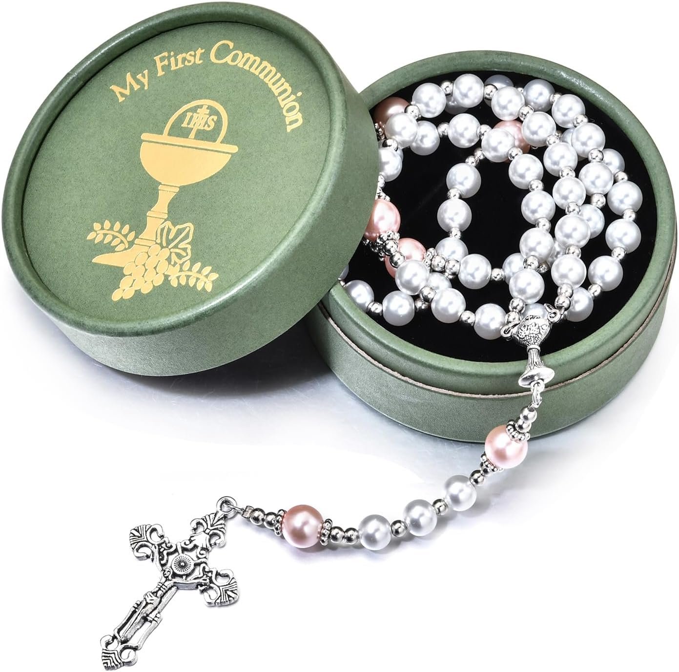 Merroyal First Communion Rosary with Glass Pearl Beads, Ornate Crucifix and Chalice Centerpiece, 18.5 Inches, Gift Box and Satin Bag Included