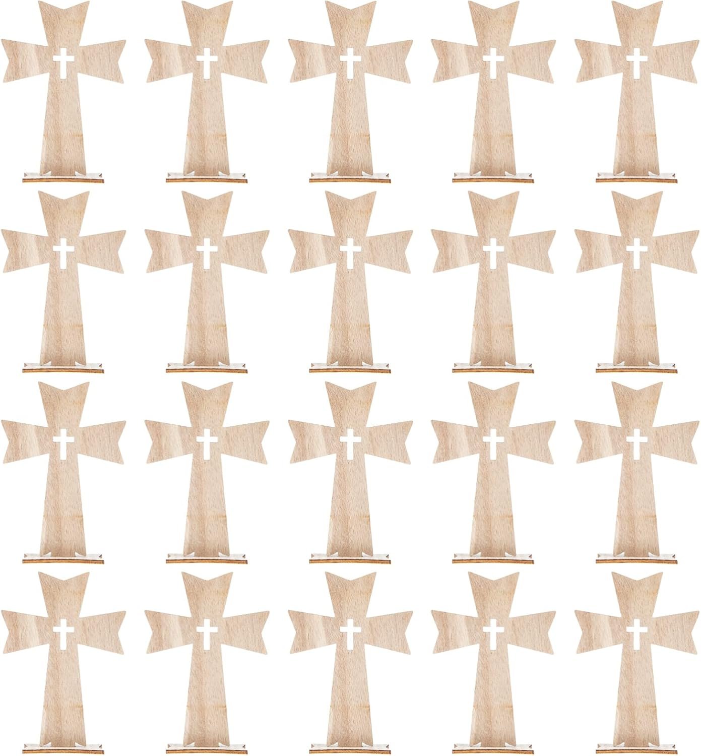 ABOOFAN 20pcs Wood Crosses for Crafts Catholic Wooden Crosses Table Sign for First Communion Baptism Unfinished Wooden Cross Table Centerpieces 4.33X3.14 Inch