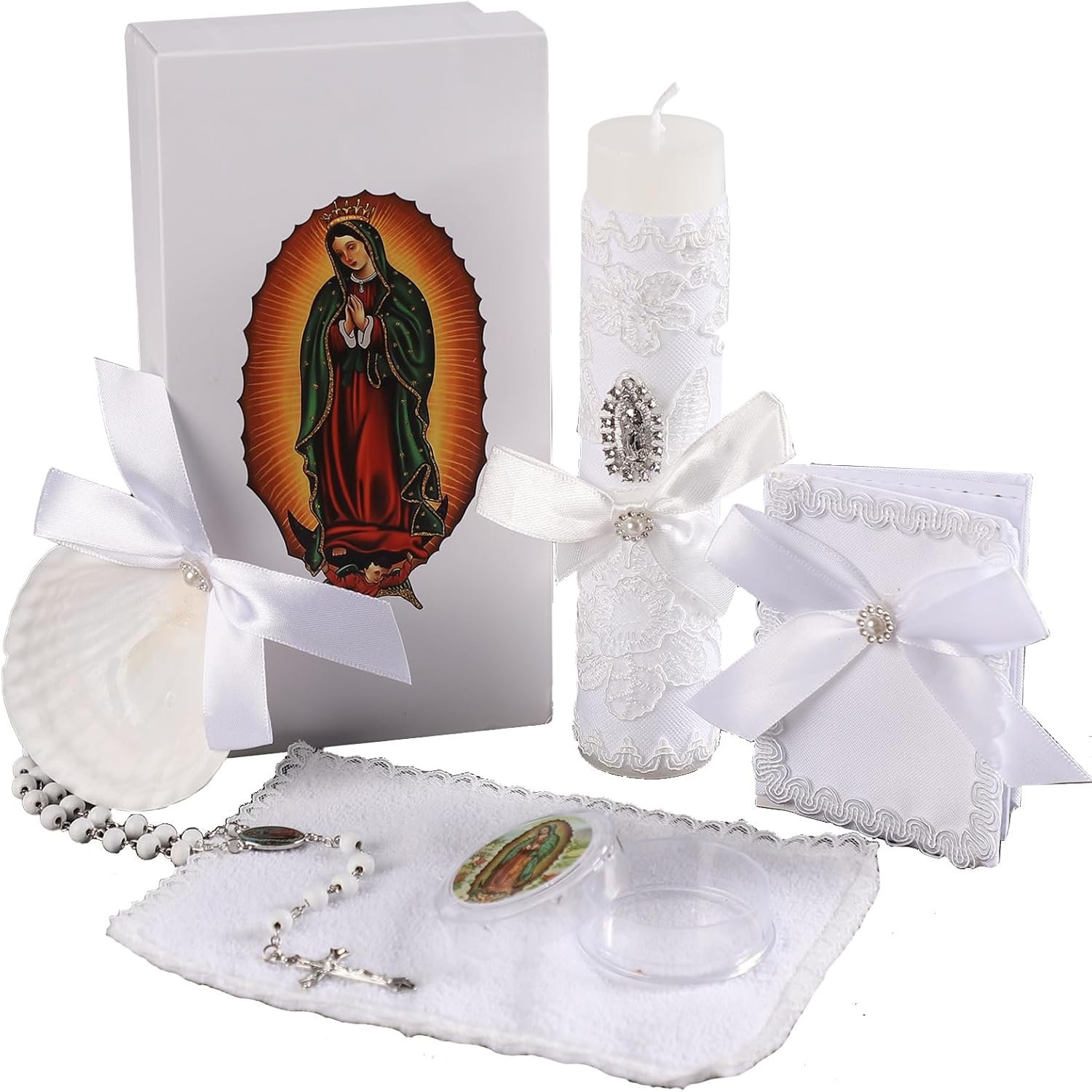 Baptism Candle Set for Boys and Girls,5 PCS Baptism Kit Virgen De Guadalupe Catholic Candle,Baptism Towel,Baptismal Shell,Rosary,Bible for Baptismal Christening Gift,Velas para Bautizo De Niño o Niña