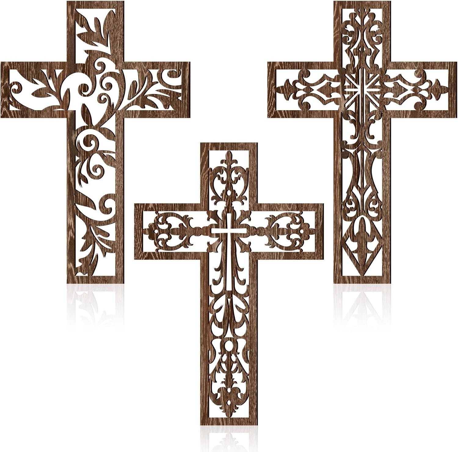 Yookeer 3 Pcs Wooden Cross Wall Decor Cross Hanging Handmade Antique Religious Brown Wooden Home Decorations Hand Carved Wall Decor for Church Home Office Baptism Gift for Christian