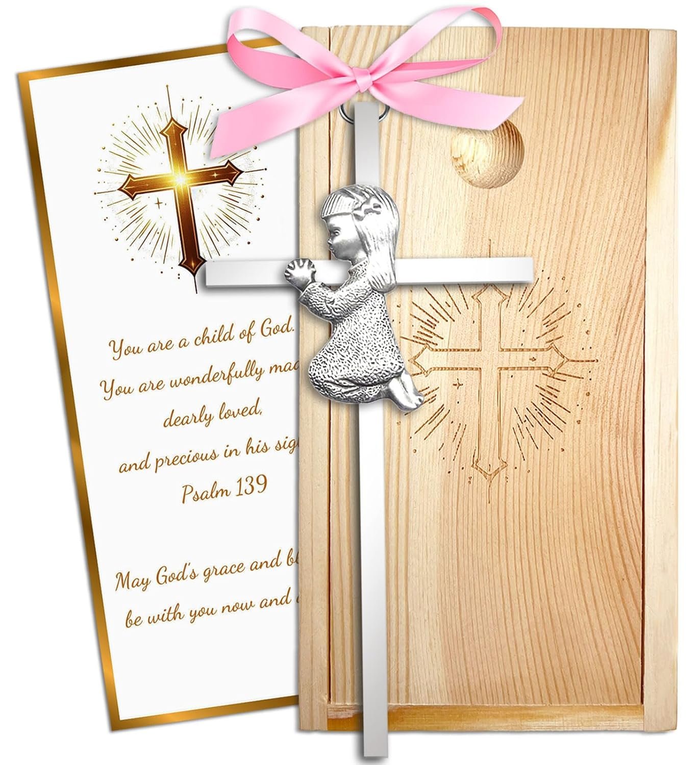 Baptism Gifts for Boys & Girls,First Communion Gifts for Kids,Christening Baby Shower Party 6in Praying Cross (1pc Silver Girl with Wooden Box)