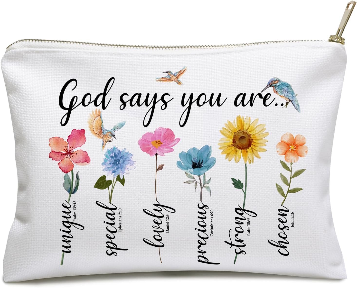 God Says You Are Makeup Bags, Inspirational Bible Verse Bag, Christian Gifts, Affirmations Gifts, Encouragement Gifts, Friend Gifts, Bible Verse Flower Bird Wash Bag for Her, Birthday Gifts for Women