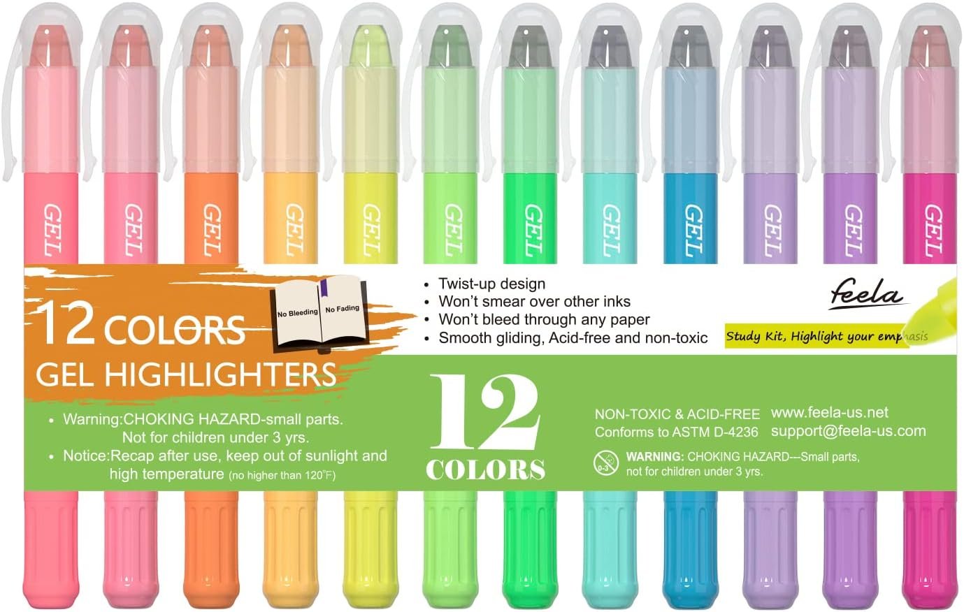 feela 12 Colors Bible Gel Highlighters, Gel Highlighter Markers Study Kit, Good For Highlighting Journal School Office