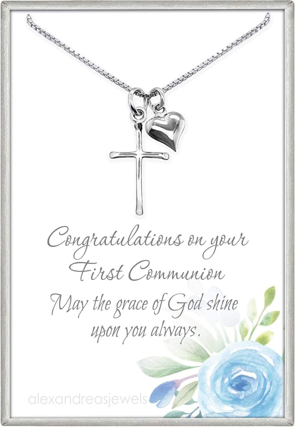 Sterling Silver Cross Necklace for Girls, Sterling Silver Cross with Puffed Heart Charm, First Communion Gift Necklace for Daughter, Goddaughter Gift Necklace