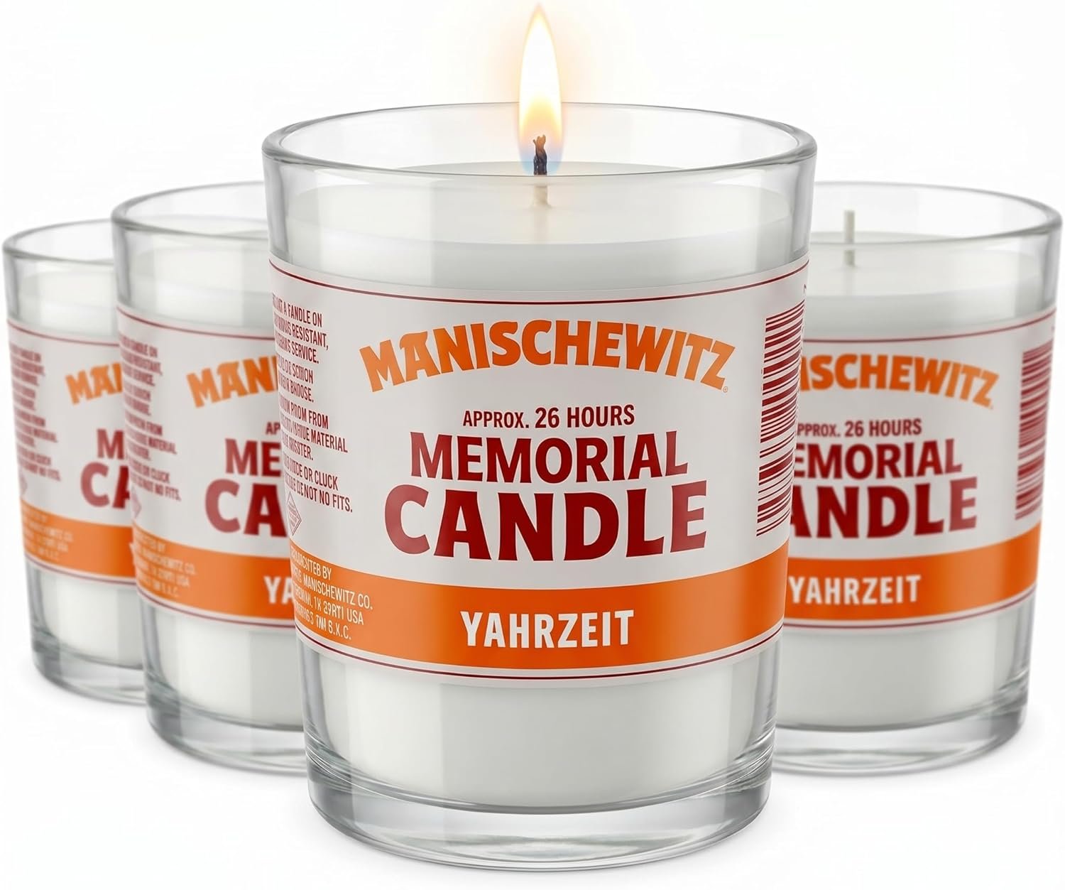 Manischewitz 24 Hour Candles, 1 Day Glass Yahrzeit Memorial Candles (4 Pack) | Burns Approximately 26 Hours, Good for Yizkor and Yom Kippur Holidays, Ner Neshama in Glass Tumbler