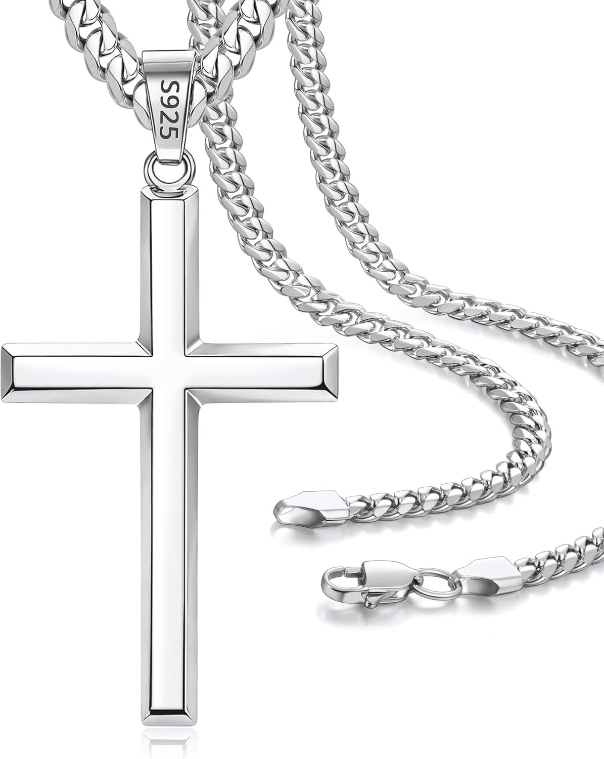 925 Sterling Silver Cross Necklace for Men, 14k Gold Plated Sterling Silver Cross Necklace with 5mm 316L Stainless Steel Cuban Chain Necklaces for Men Women 16-26 Inch