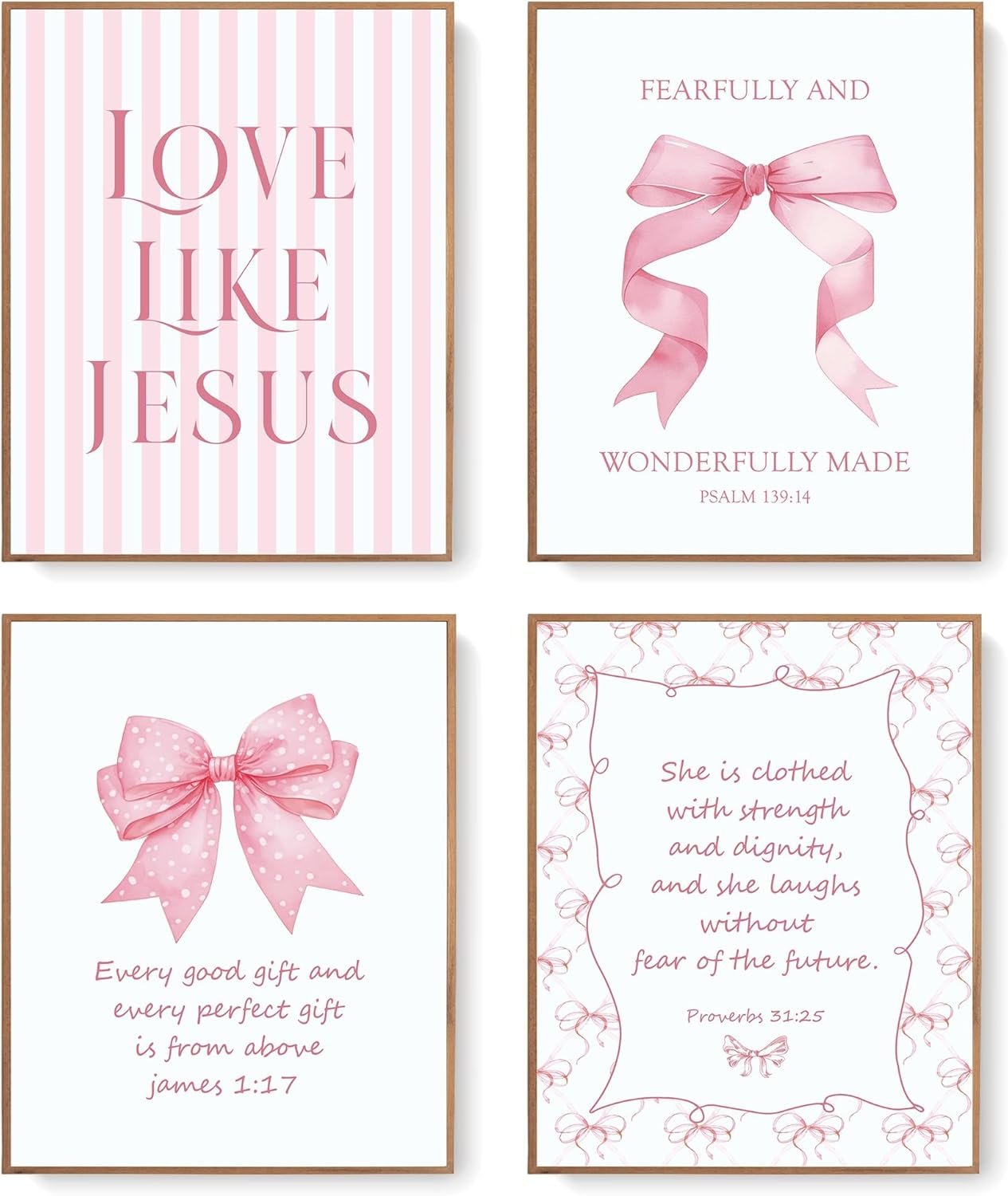 LARTSFRO Coquette Pink Bow Jesus Wall Art Decor Posters, Light Pink Bow Christian Room Bedroom Bathroom Dorm Wall Art Decor Aesthetic for College Teen Girls Gifts, Inspirational Bible Verses Bow Wall Decor, 10×8 Inch Set of 4 Bow Pictures (UNFRAMED)