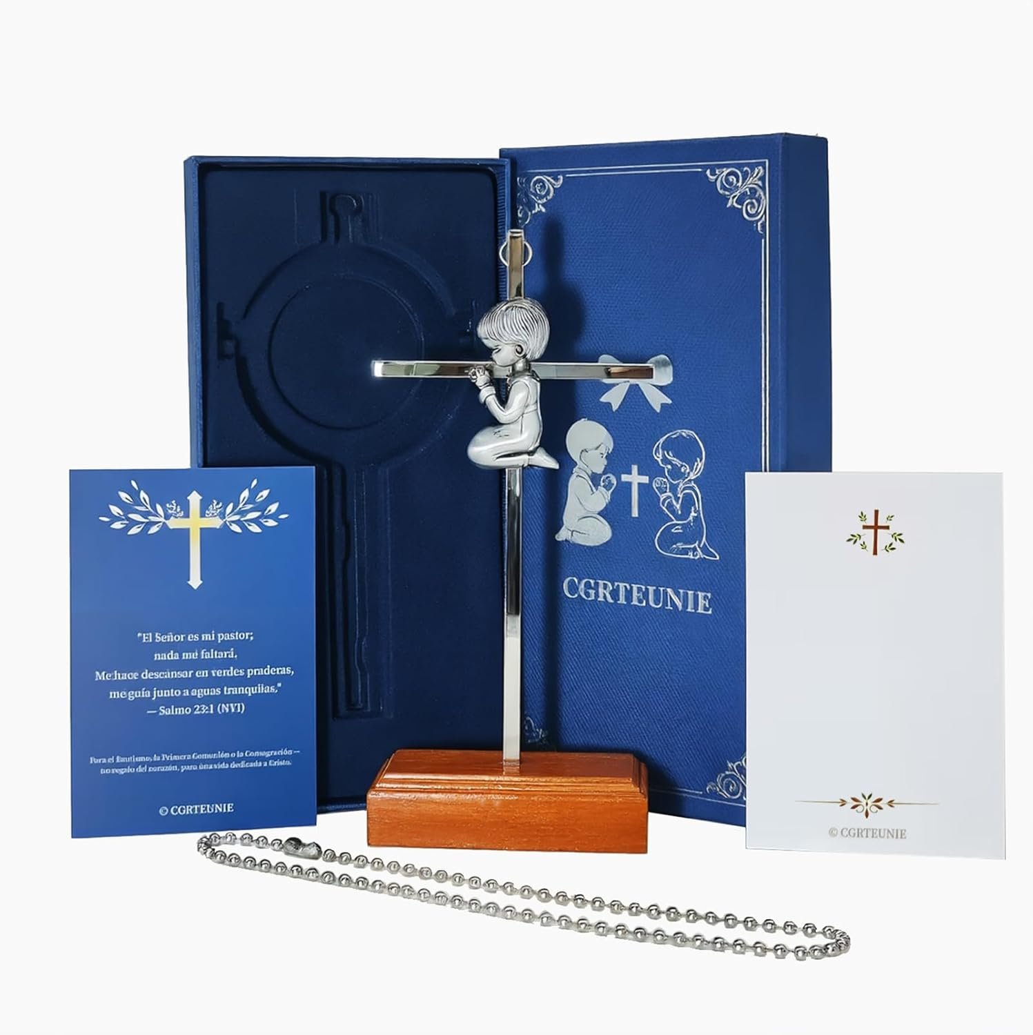 CGRTEUNIE CGRTUNIE Baptism Gift Set for Baby Girl 7 Inch Stainless Steel Cross with Wooden Stand, Gift Box & Blessing Card from Godparents for Christening First Communion (Girl-7 In)