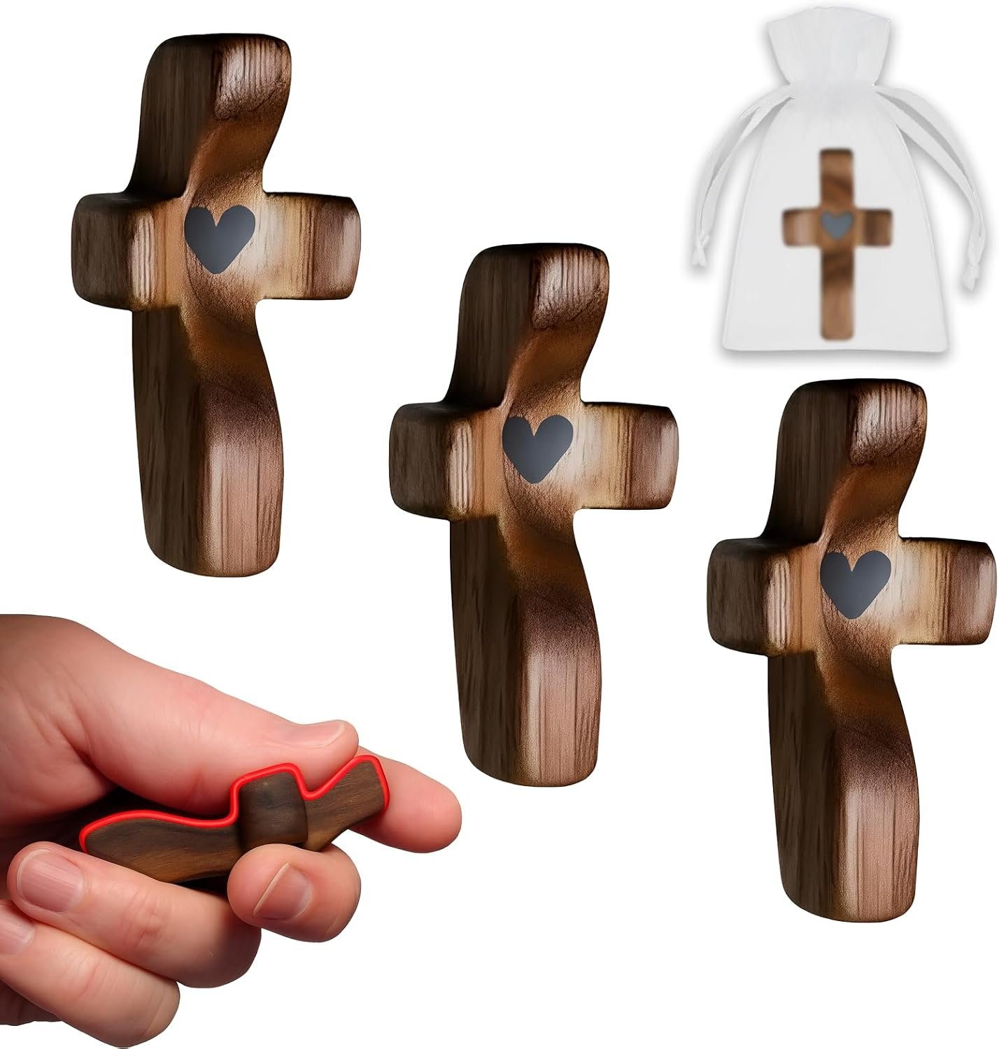 Wooden Cross Fidget – Cross My Heart, Walnut Pocket Crosses for Anxiety Relief & Prayer, Encouragement Christian Gift for Adults/Kids (3 PCS)