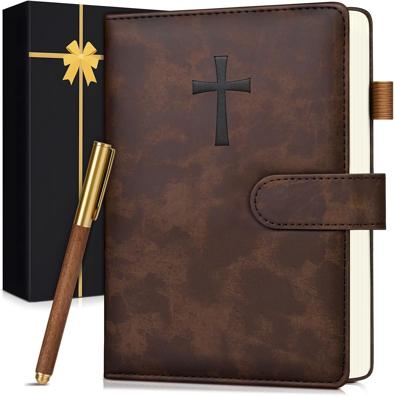 Leather Christian Bible Journal for Men, Prayer Journal for Scripture Study & Daily Devotional, Undated Church Notes Notebook, Jesus Religious Faith Gifts for Pastor, Graduation, Brown