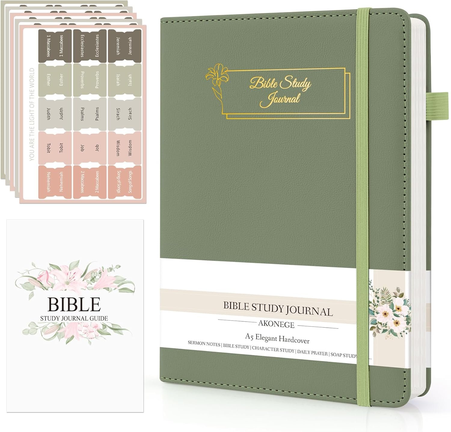 AKONEGE Bible Study Journal – Prayer Journal for Women & Men, A5 Hardcover Church Notebook for Sermon, Scripture & Devotional Notes, Guided Bible Study Notebook for Note Taking, 5.8″ x 8.3″, Green