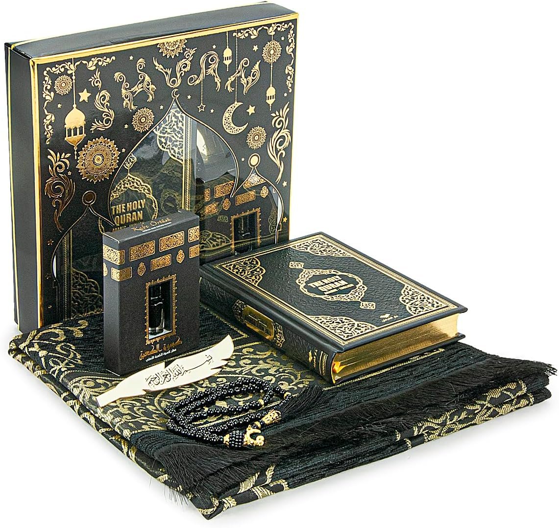 ihvan online Prayer Gift Set for Hajj and Umrah, Muslim Prayer Rug, Prayer Mat, Beads Taasbih, Holy Quran Translated English, Muslim Praying Mat, Islamic Gift Set for Ramadan & Eid, Black