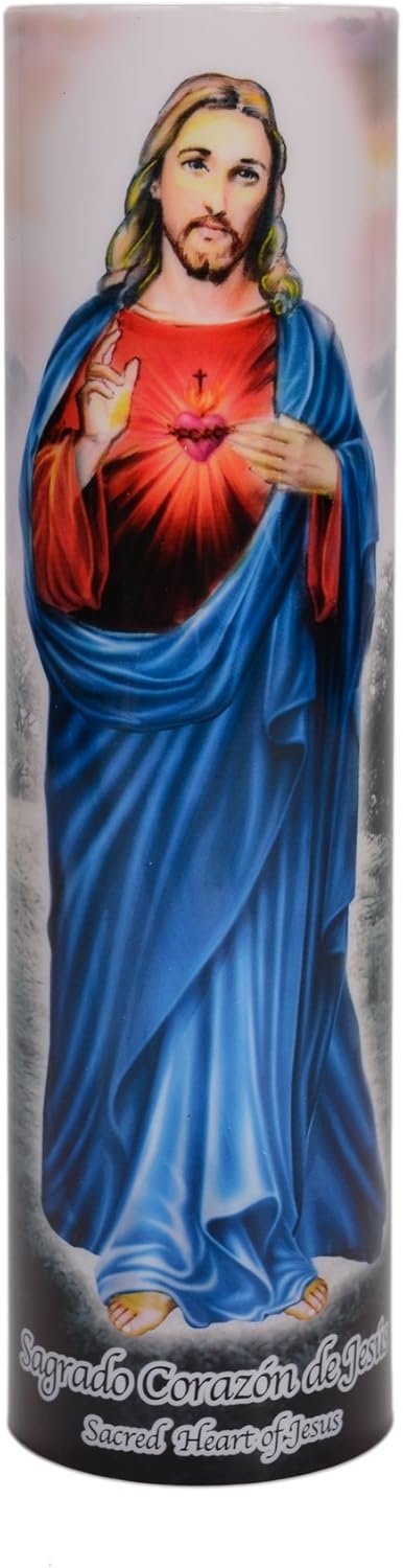Sacred Heart of Jesus LED Flameless Devotion Prayer Candle, Religious Gift, 6 Hour Timer for More Hours of Enjoyment and Devotion! Dimensions 8.1875″ x 2.375″.