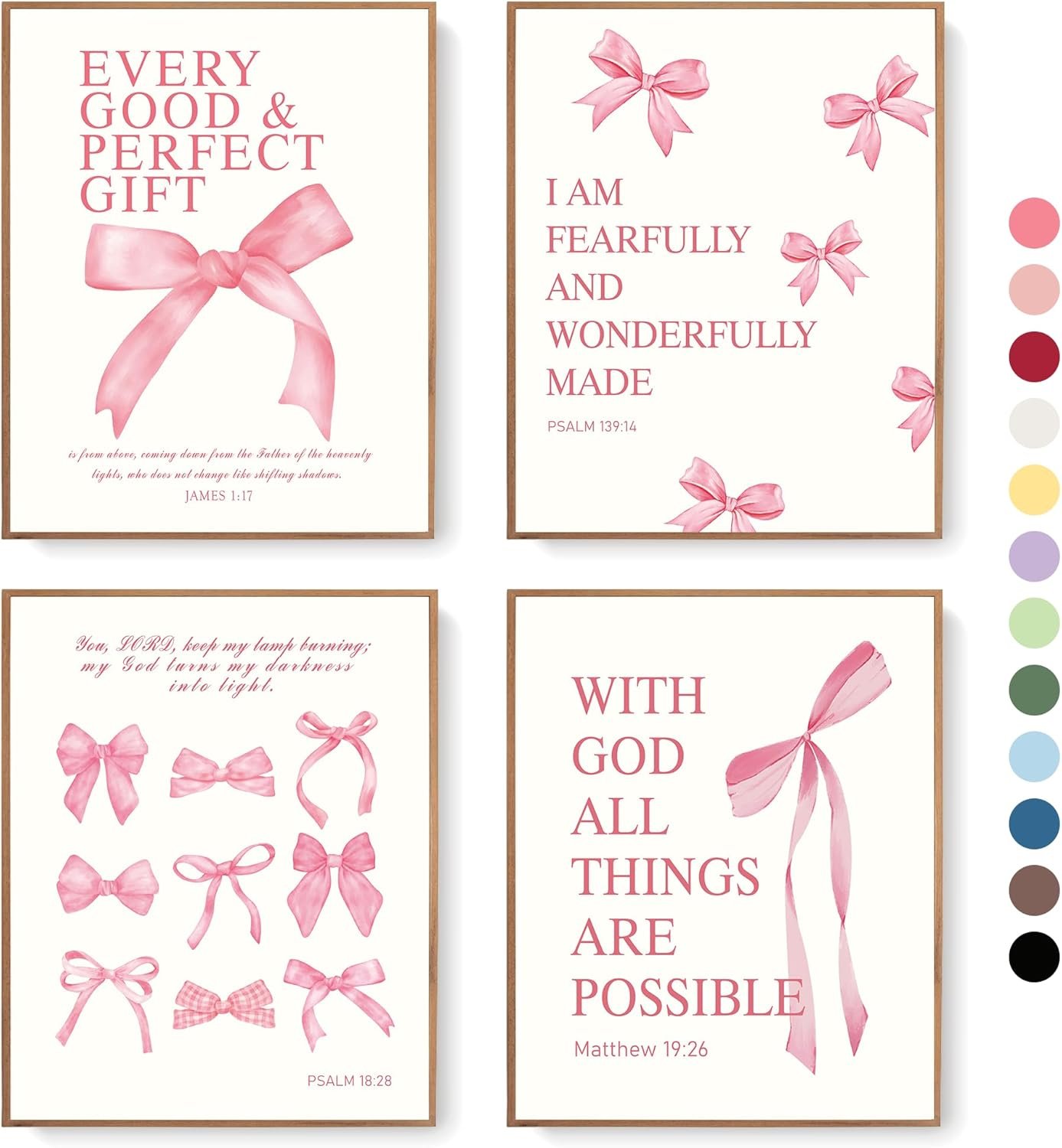 LARTSFRO Coquette Pink Bow Christian Wall Art Decor Posters, Pink Bow Christian Bathroom Room Bedroom Dorm Wall Art Decor Aesthetic for College Teen Girls Gifts,Inspirational Bible Verses Bow Wall Decor, 10×8 Inch Set of 4 Bow Pictures(UNFRAMED)