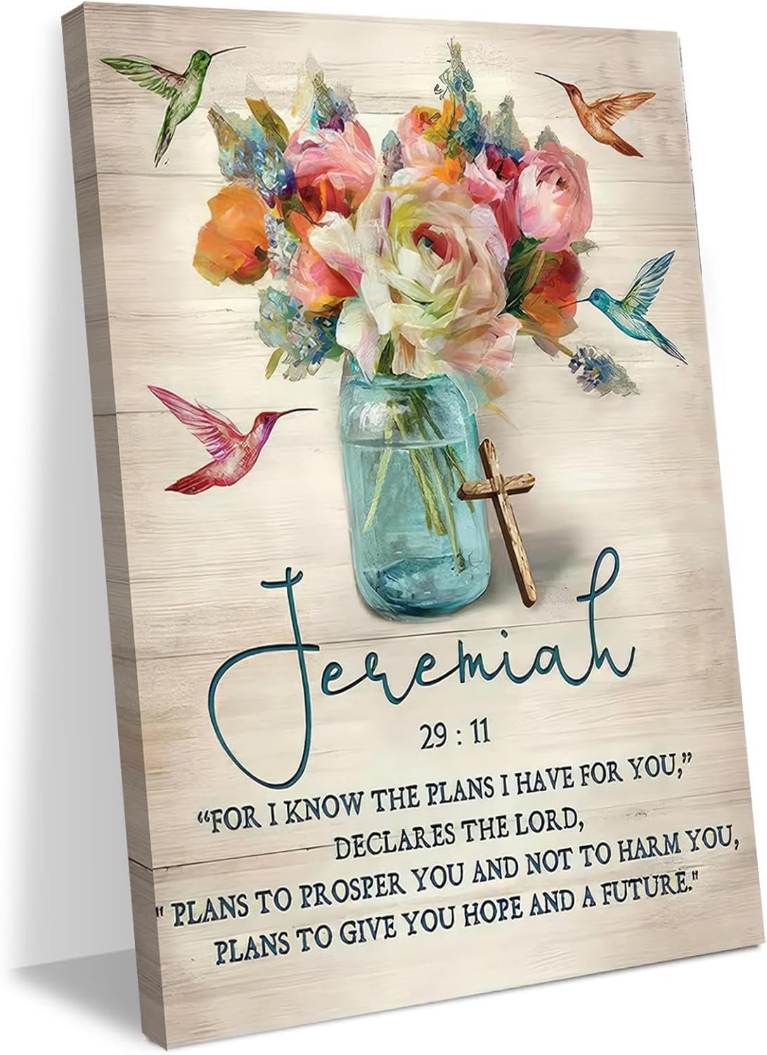Framed Jeremiah 29:11 Bible Verse Wall Art Christian Floral Poster with Hummingbirds and Cross Scripture Canvas Painting Prints Faith Religious Picture Décor for Bedroom Living Room 12x16Inches