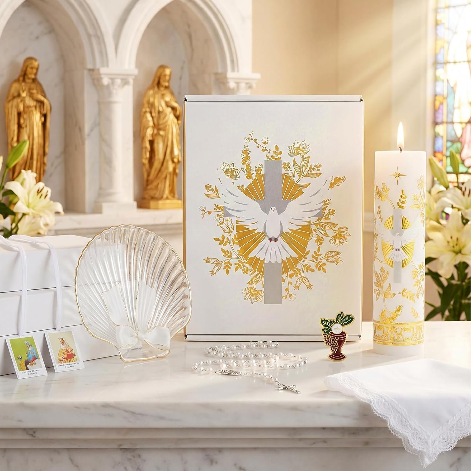 Liliful 7 Pcs First Communion Candle Gift Set, Catholic Baptism Holy Spirit Candle Towel Shell Rosary Set, Velas para Bautizo Gift for First Communion Baptismal Party Favors