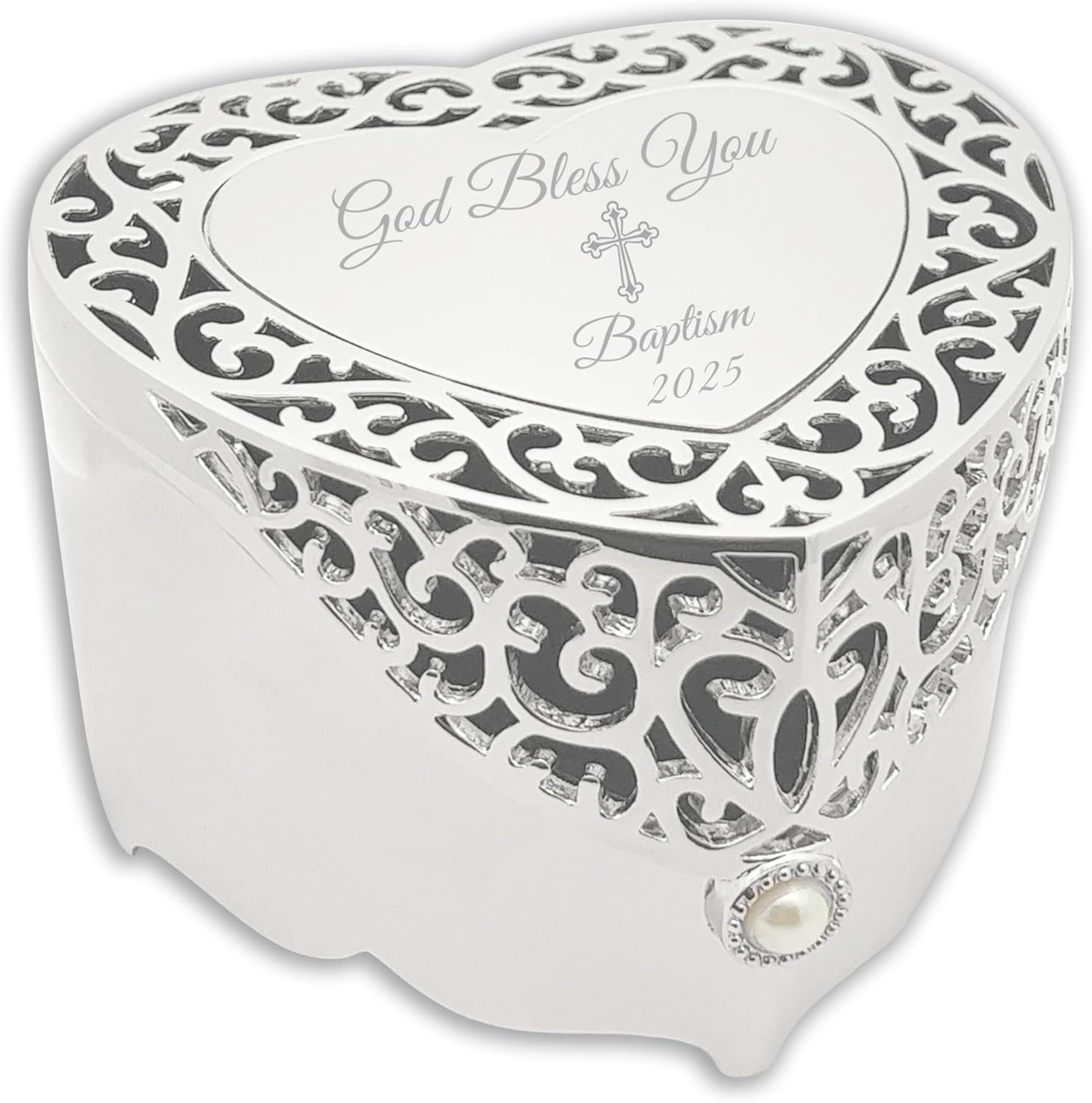 Cherished Moments Baptism Gift for Girls Jewelry Keepsake Box with Heart-Shaped Filigree Design and Engraved Cross, Silver Toned