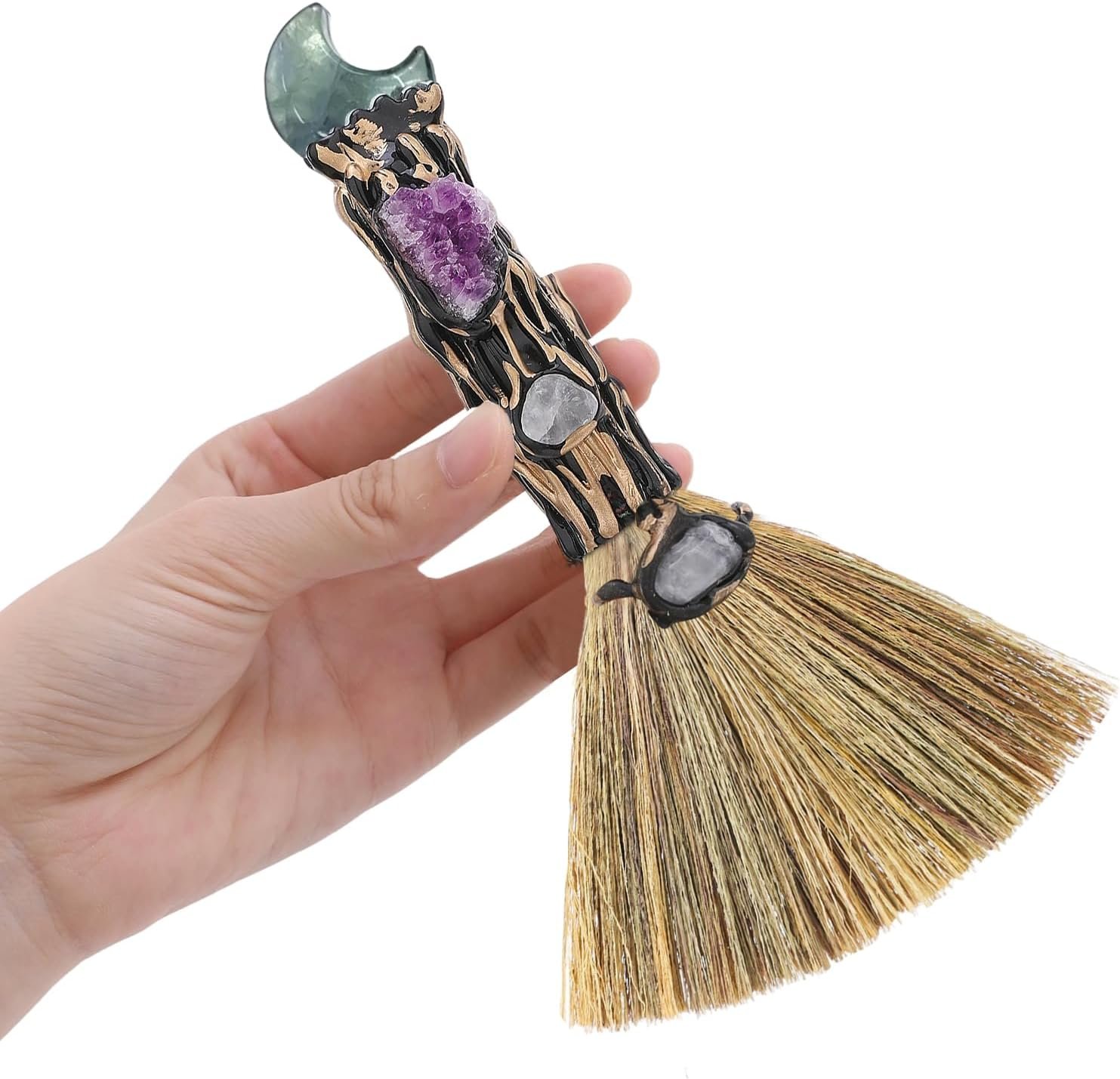 RENEMEGO Witchcraft Supplies Witches Broom – Wiccan Decor with Moon Design Fluorite Altar Supplies with Amethyst Clusters Natural Healing Crystals Pagan Decor Reiki Energy Clearing Crafts