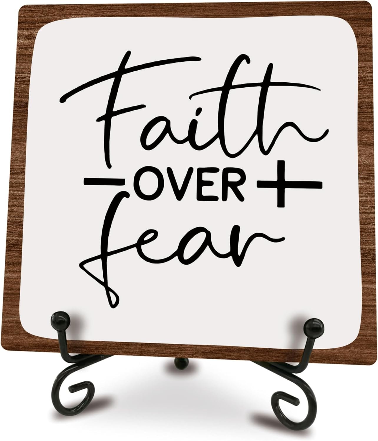 Christian Wooden Sign With Iron Stand, Faith Over Fear Wooden Plaque Gifts For Friends, Coworkers, Positive Decor Shelf, Desktop, Home & Office Supplies(5 X 5 Inches) – A19