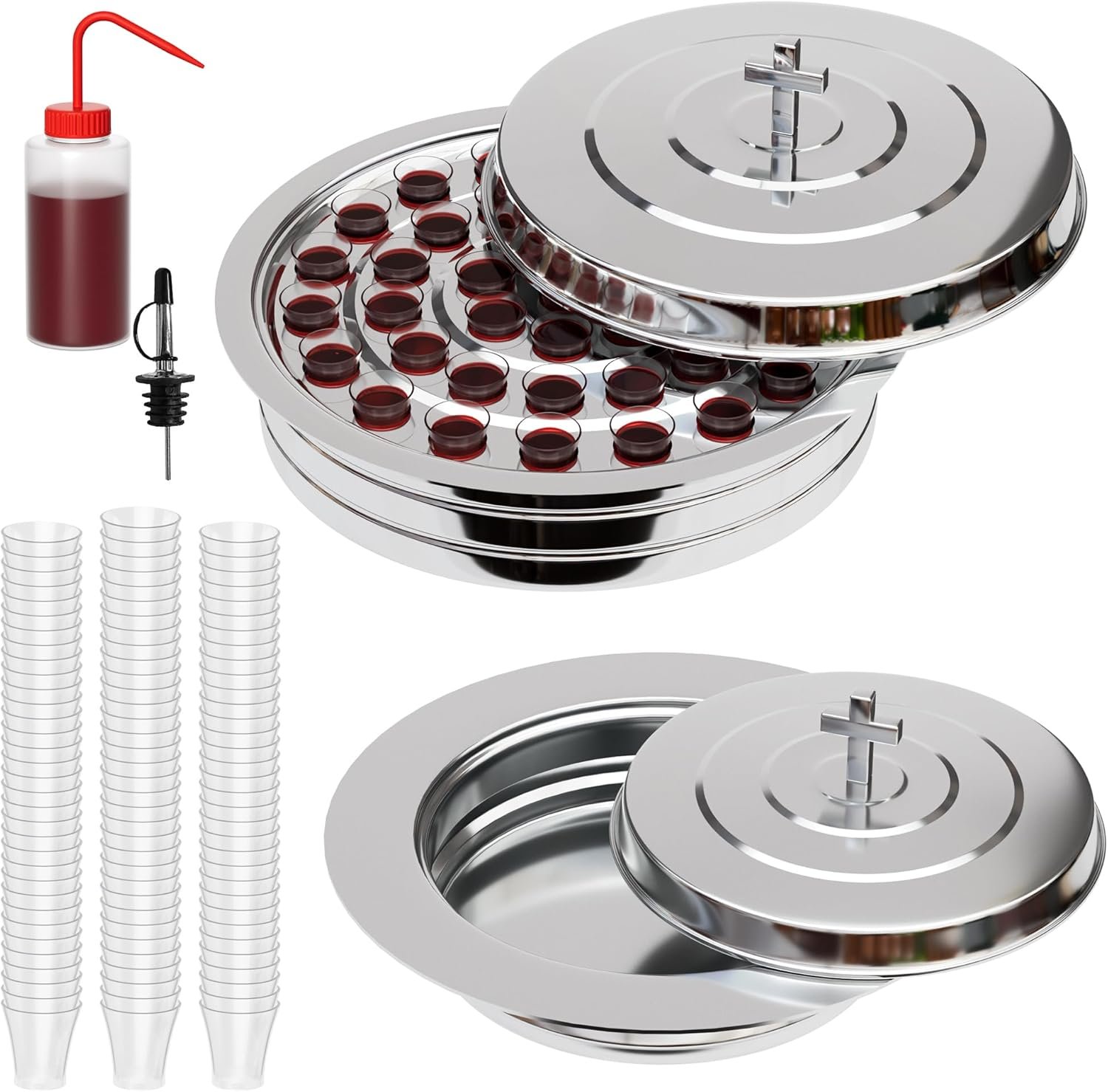 Communion Set Holy Trays for Churches with Lid, Stainless Steel Communion Plates with Lid Includes 100 Disposable Cups and Cups Filler, Silver