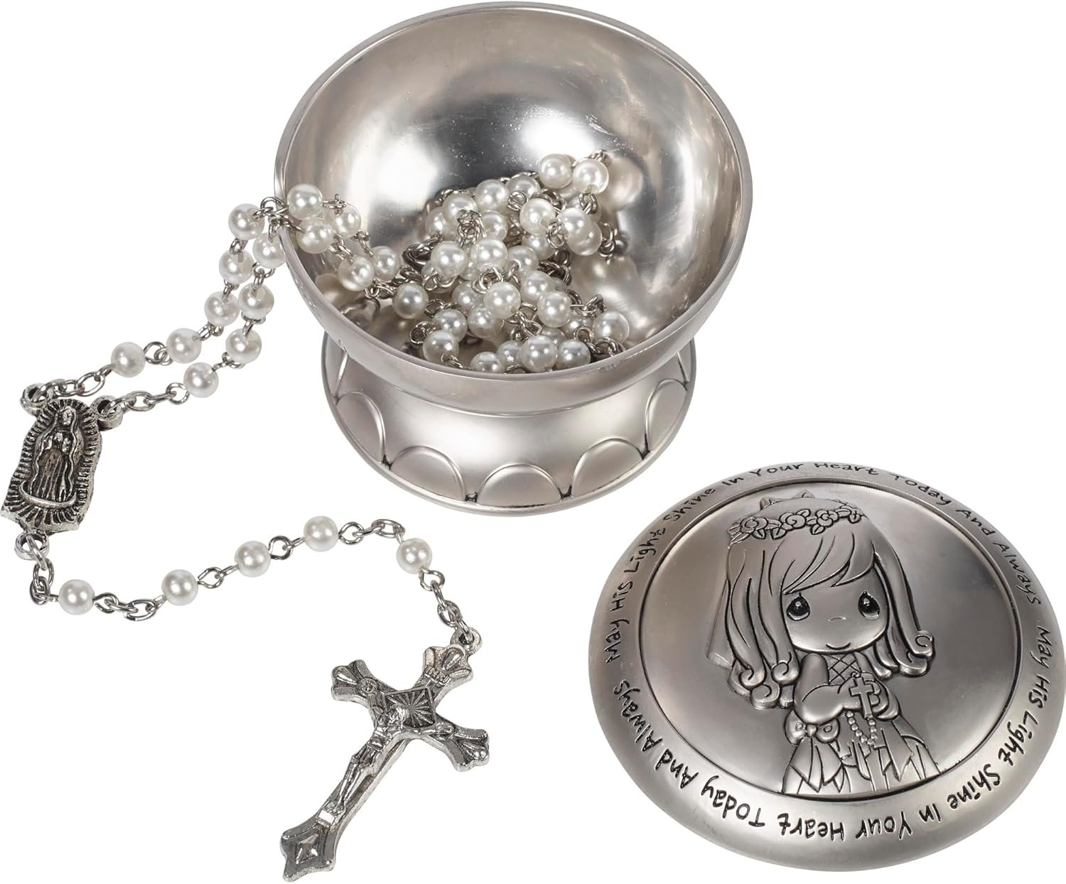 Precious Moments Rosary Communion Gift, May His Light Shine in Your Heart Today & Always Girl First Communion Rosary & Silver Zinc Alloy Rosary Box