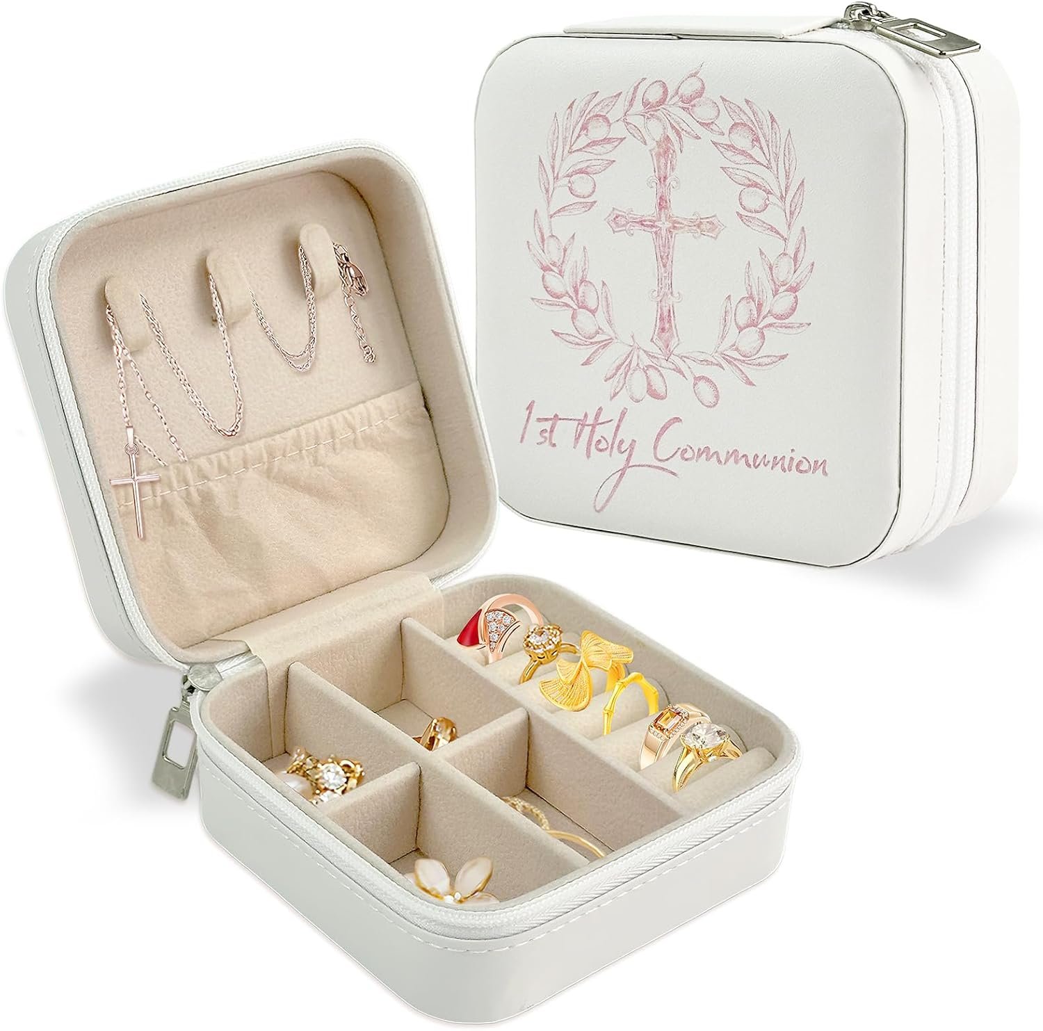 Holy Communion Travel Jewelry Box, First Communion Gifts Jewelry Case for Women, Religious 1st Holy Communion Baptism Gift Small Square Container with Zipper for Rings Earrings Necklaces, White (1)