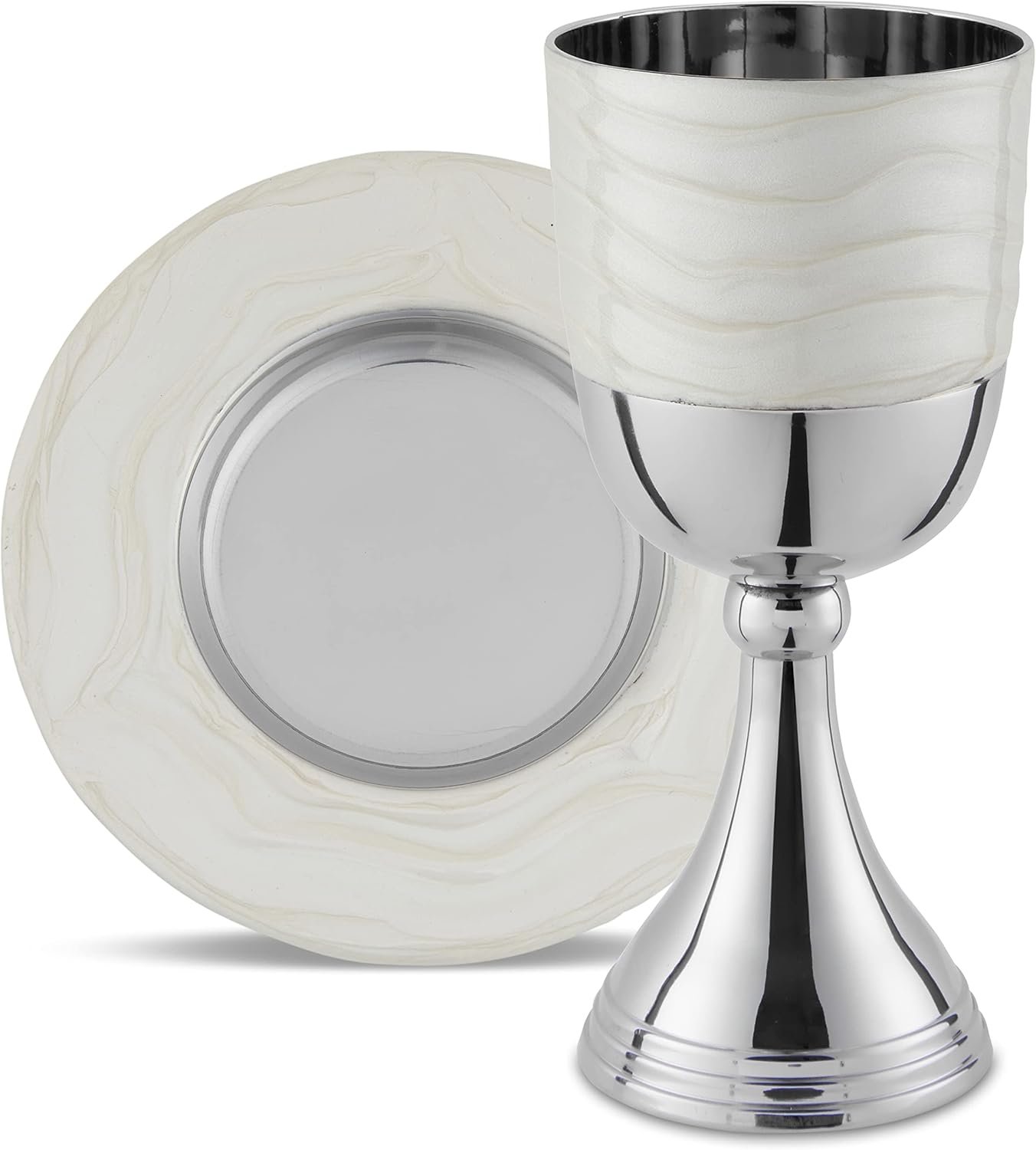 Zion Judaica Passover Seder Luxurious White Enamel Kiddush Cup Set Gift Boxed Polished Nickel Plated White Enamel Elegant Wine Cup 5.75″ Elijah Goblet and Matching Tray Table Décor for Pesach Shabbos