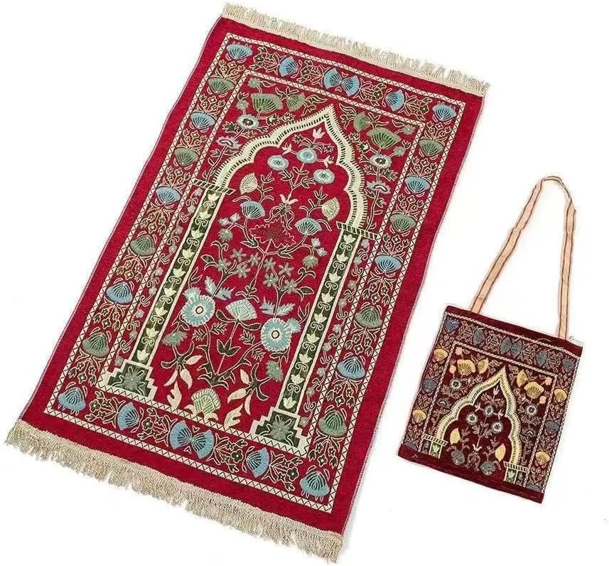 Red 2’4″ x 3’7″ Traditional Floral Low Pile Nylon Prayer Rug, with Elegant Design Bags, Soft, Non-Slip, Water-Resistant, Perfect for Prayer, Ramadan, Eid al Fitr, Gift