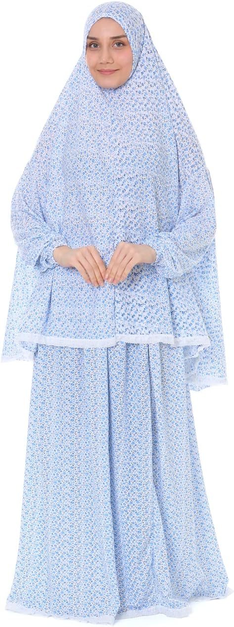 Islamic Dress for Women Prayer Clothes for Muslim Women 2 Piece Set Maxi Skirt with Hijab and Rosary Printed Dress
