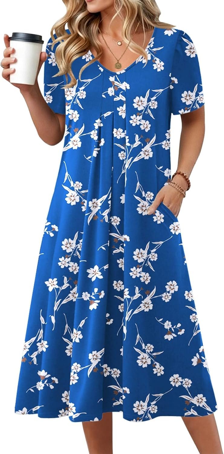 Zeagoo Summer Dress for Women Casual Floral Midi Sundress with Pockets V Neck Pleated Short Sleeve Aline Beach Vacation Dress