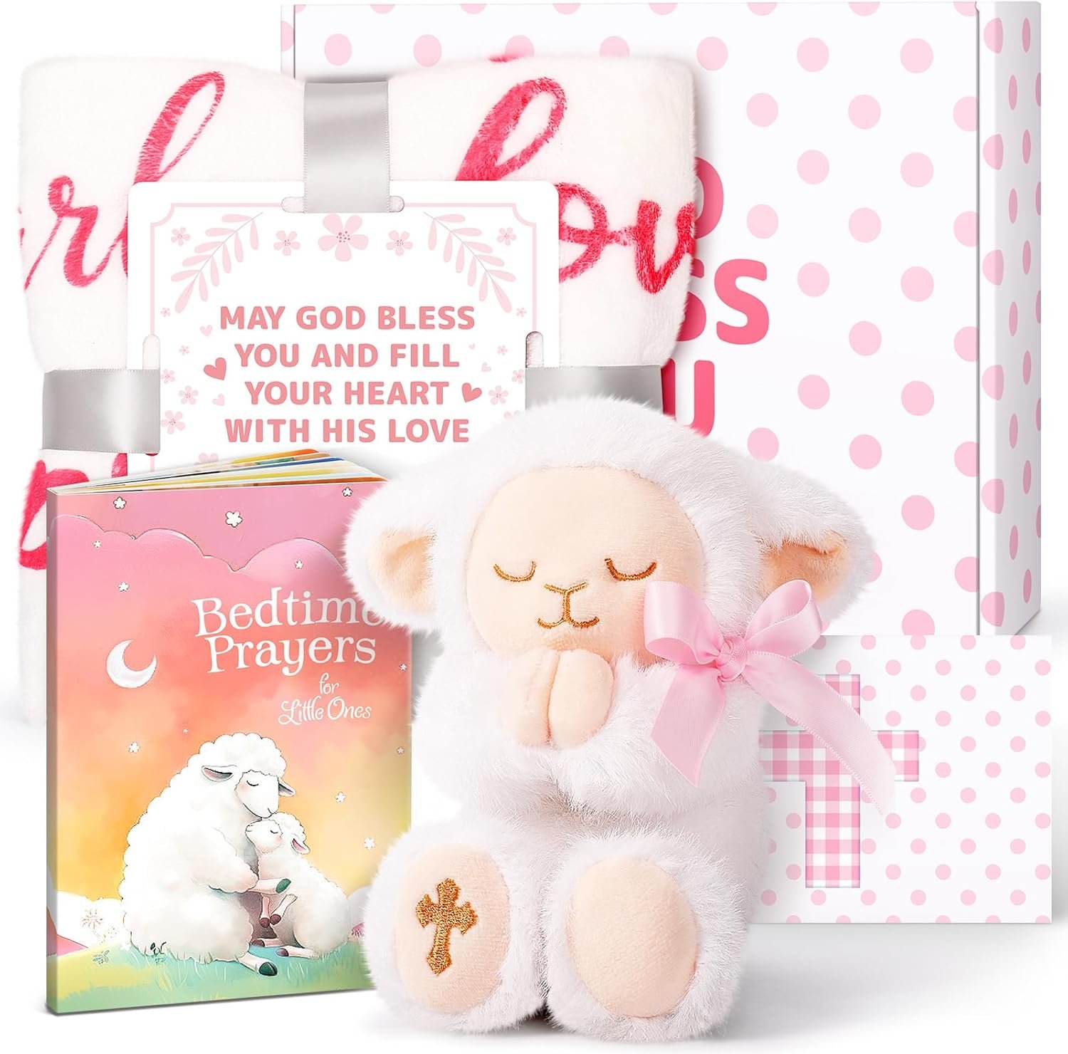 Baptism Gifts for Girl-Catholic Christening Gift Set for Baby Girls, Baptismal Gift with Plush Lamb, Story Book, Baptism Blanket, Spiritual Dedication Present for Goddaughter Godson