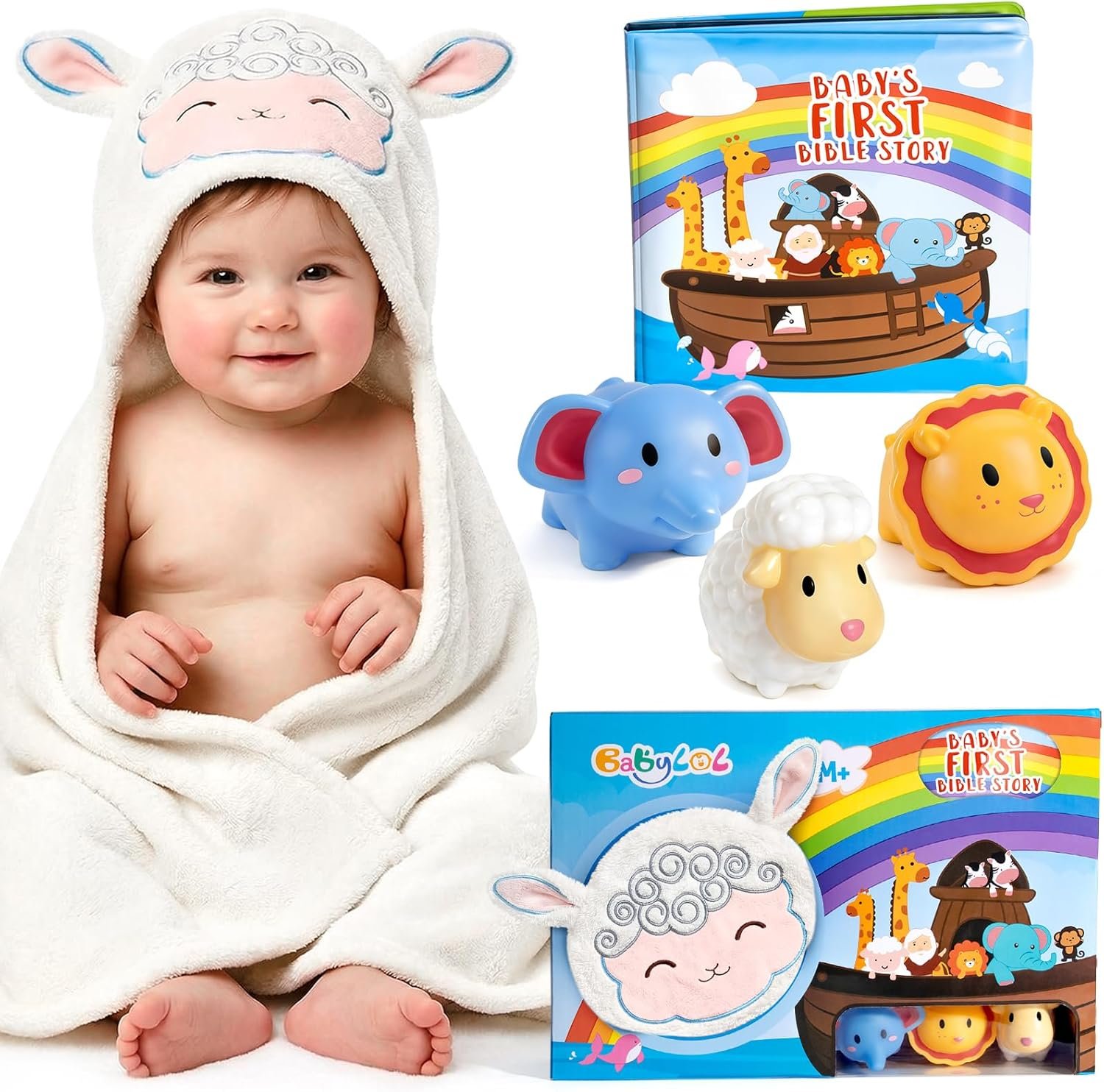 Noah’s Ark Baptism Gifts, 7-Piece Christening Gift Set with Hygienic Sealed Bath Toys, Soft Hooded Lamb Towel, Storybook & Washcloth for Newborn Dedication, Baby Shower & Religious Gift
