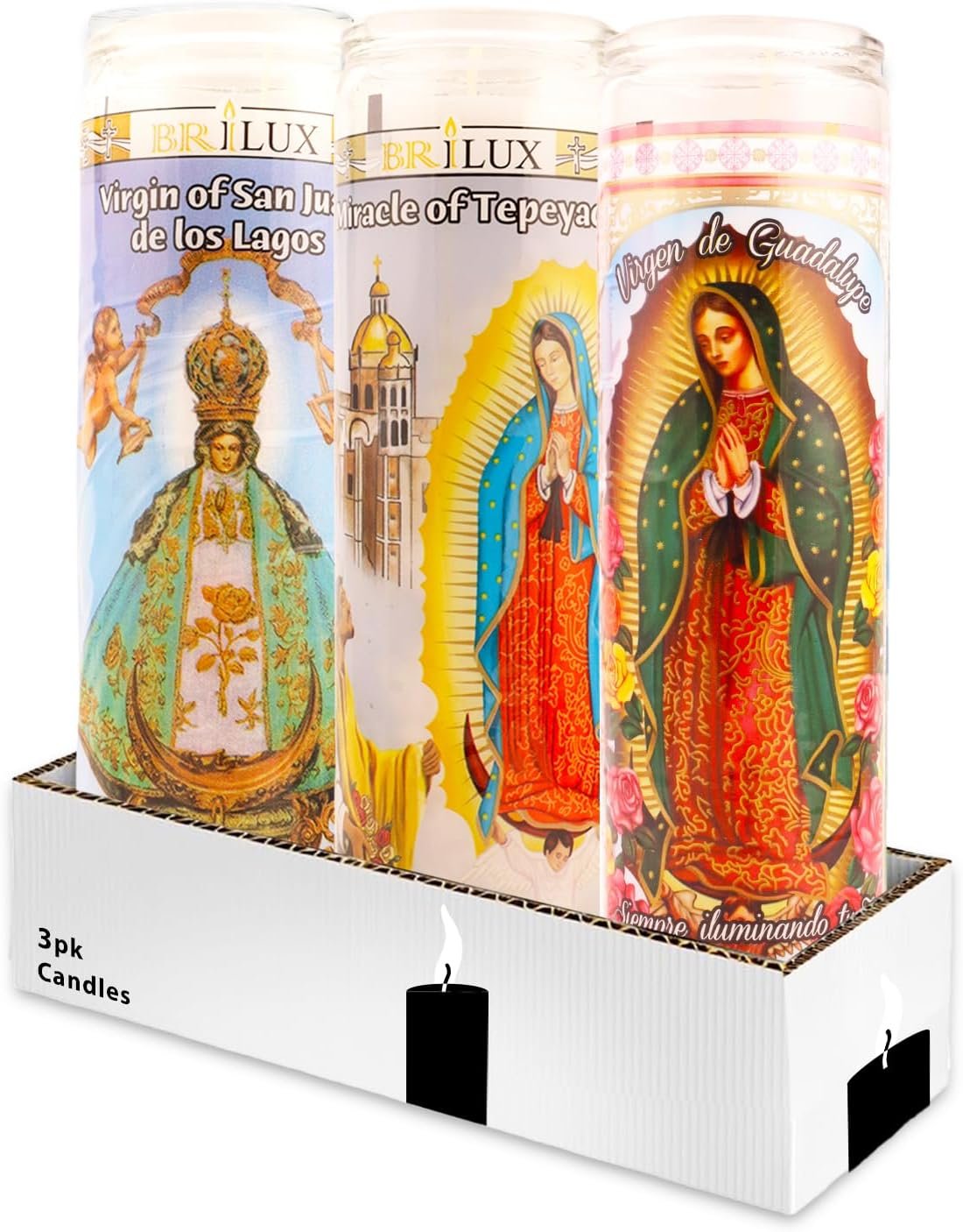 3 Pack Religious Set – Bundle with 3 Virgin Mary Candles for Vigils, Prayers, Blessing Ceremonies, and More | Virgin Mary Glass Devotional Candles