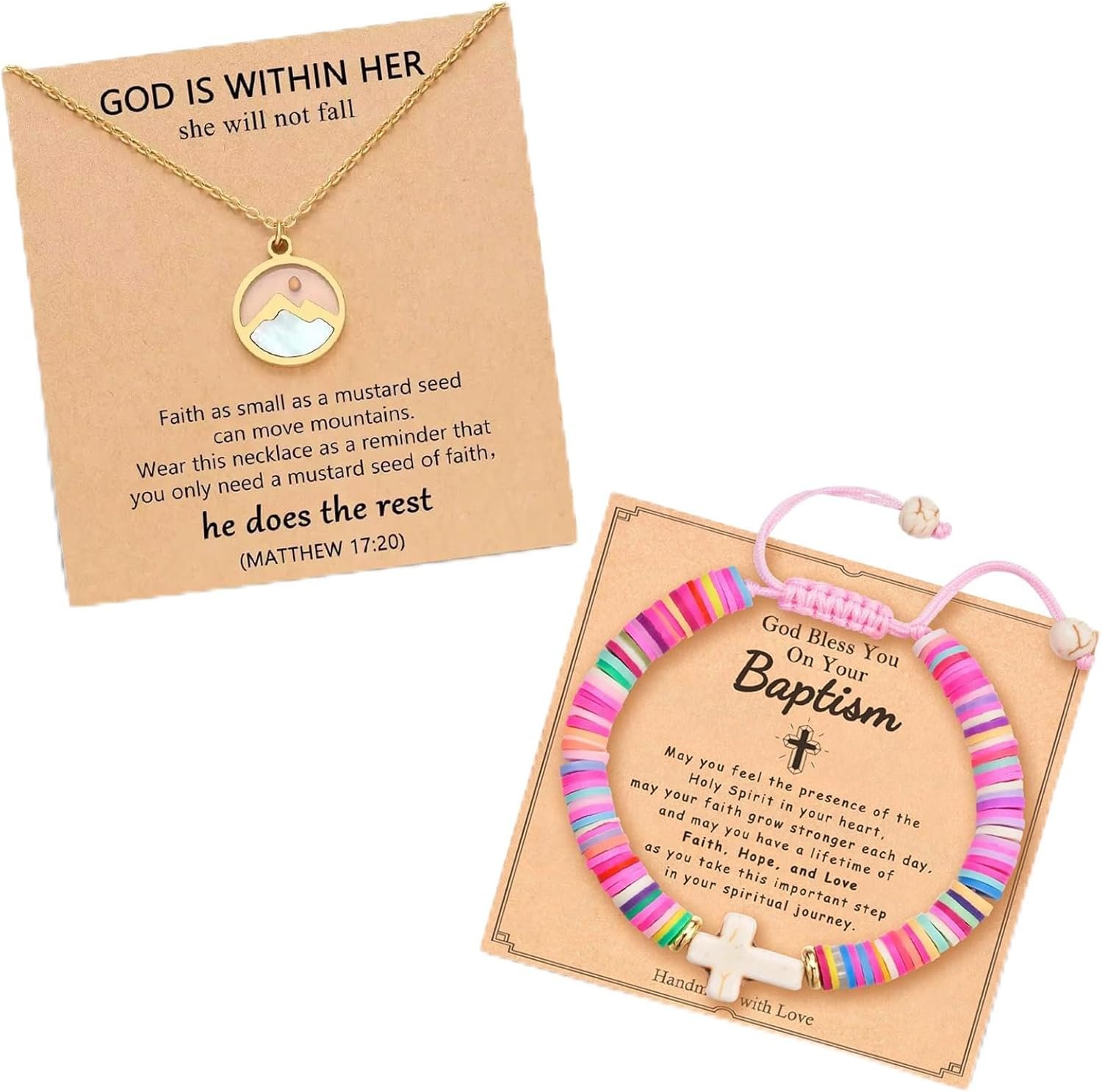 2-Piece Baptism Cross Bracelet & Mustard Seed Necklace Set, Moving Mountains Faith Jewelry, First Communion Confirmation Baptism Christian Gifts