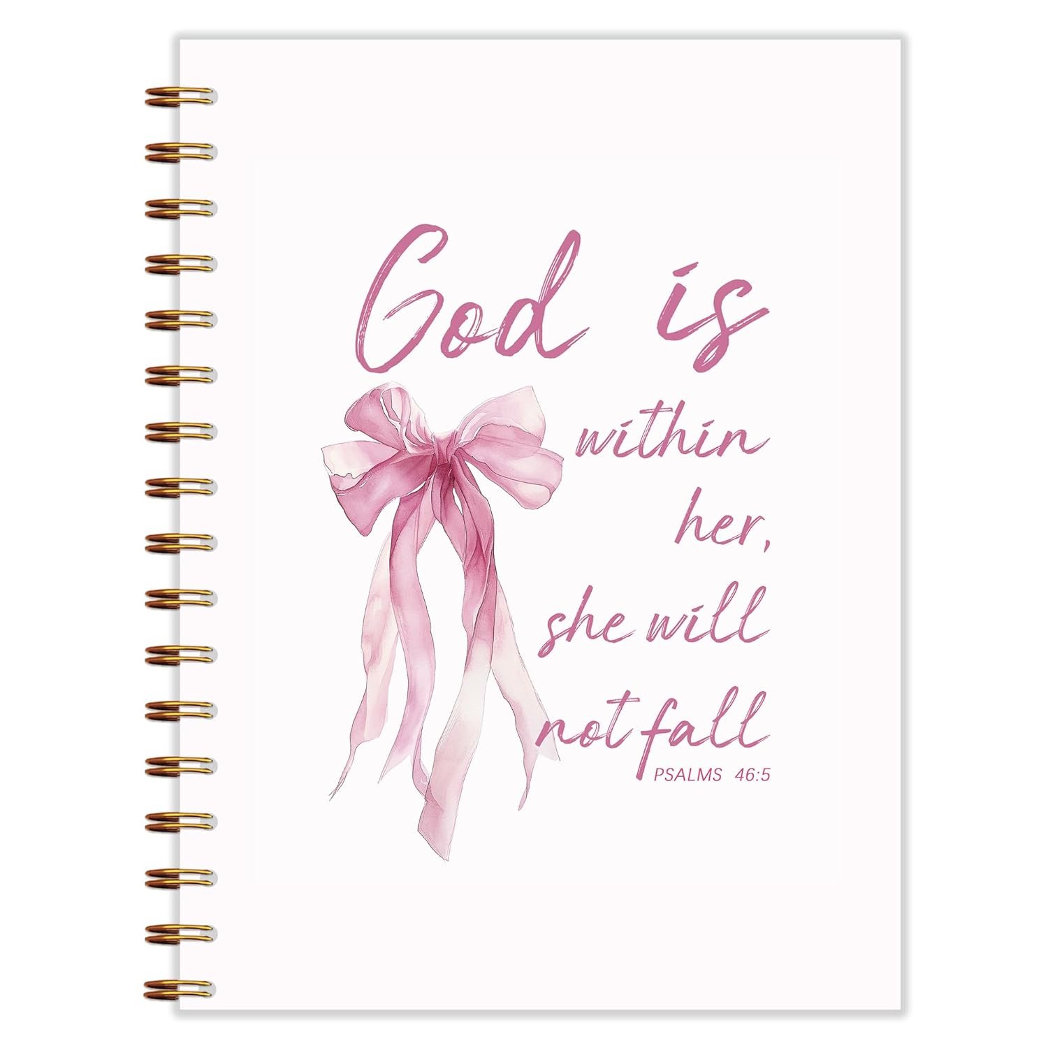 Qnhij Coquette Pink Bow Christian Spiral Notebook 5.5×8.3, God is Within Her She Will Not Fall Bible Journaling, Religious Prayer Journal for Woman, Church Notes Notebook, Scripture Journal