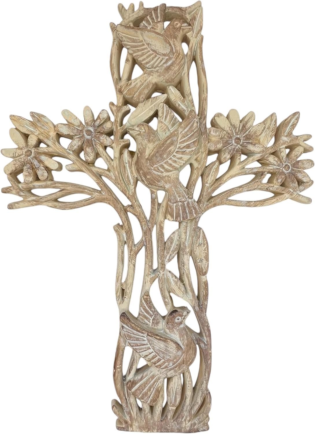 Top Brass Garden of Life Decorative Wall Cross – Rustic Carved Wood Look – Flowers and Doves Spiritual Jesus Art