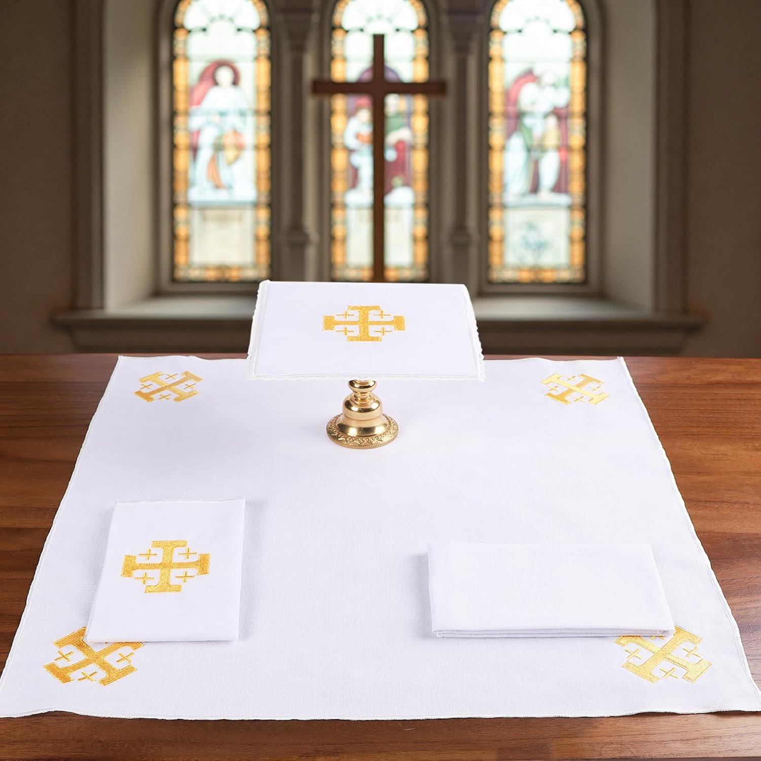 TALPGOD 4 Pack Altar Supplies Linen Corporal for Churches Set (Pall,Corporal,Purificator,Towel) White Linen Altar Cloth Gold Cross Embroidery,Mass Kit Catholic for Priest