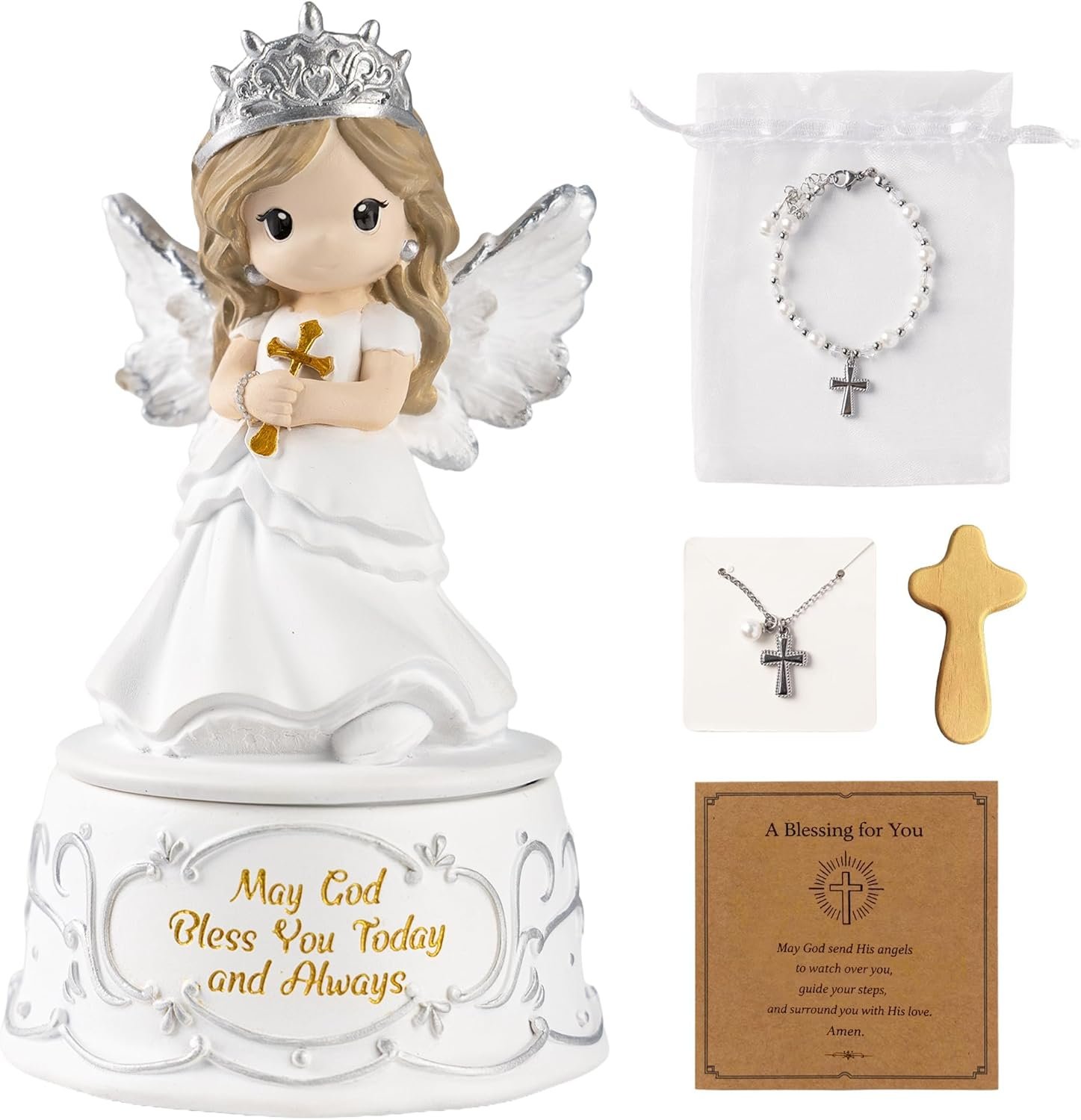 First Communion Gifts for Girls – Baptism & Confirmation Gifts for Teen Girls, Angel Figurine with Keepsake Box, Cross Necklace for Girls & Adjustable Bracelet & Wood Cross