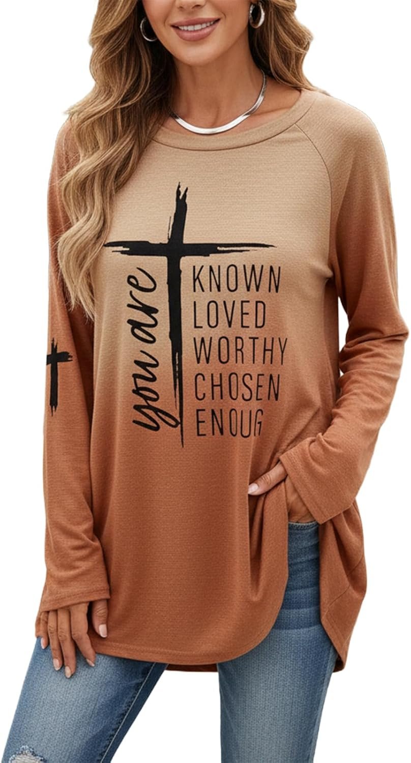 Womens Long Sleeve Tunic Tops for Leggings Loose Fit Christian Graphic T Shirts Faith Cross Tunic Blouses