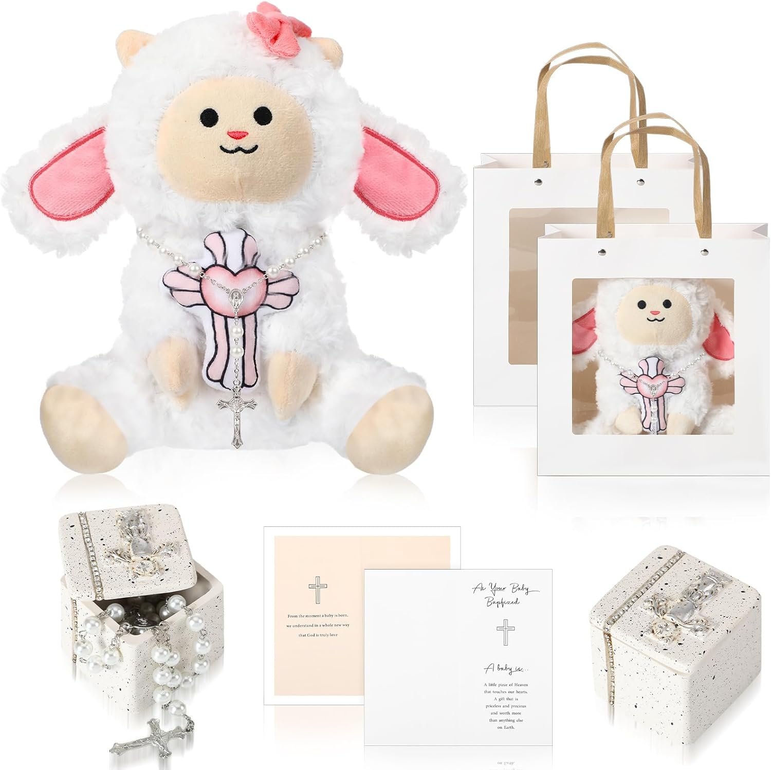 Simgoing 5 Pcs First Communion Catholic Baptism Gift Cross Stuffed Lamb with My First Rosary Baptism Rosary Gift for Goddaughter Religious Christening Keepsake with Box Card Handbag for Godparents