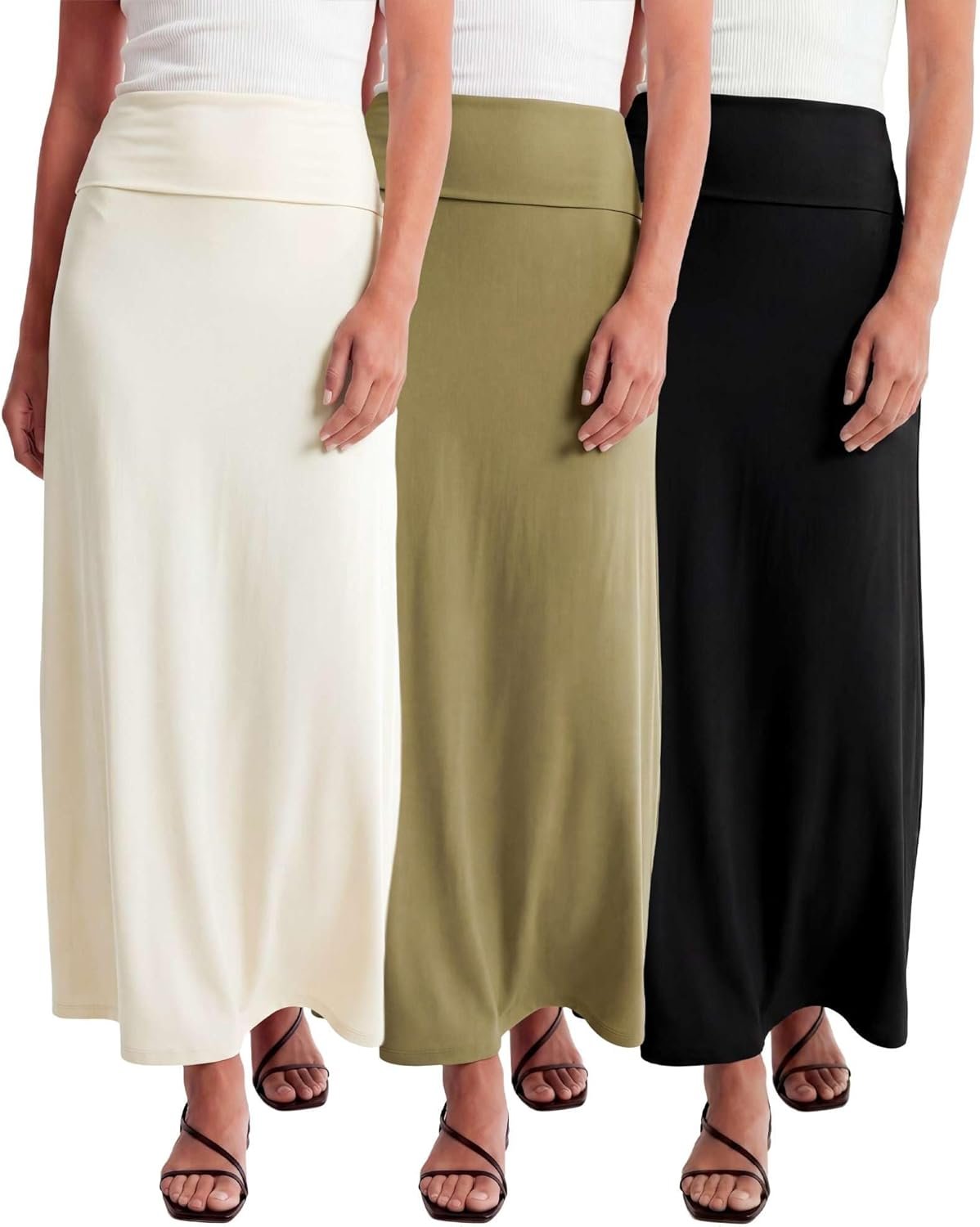 Real Essentials 3 Pack: Women’s Ultra-Soft Flowy Maxi High Waisted Long Skirts (Available in Plus Size)