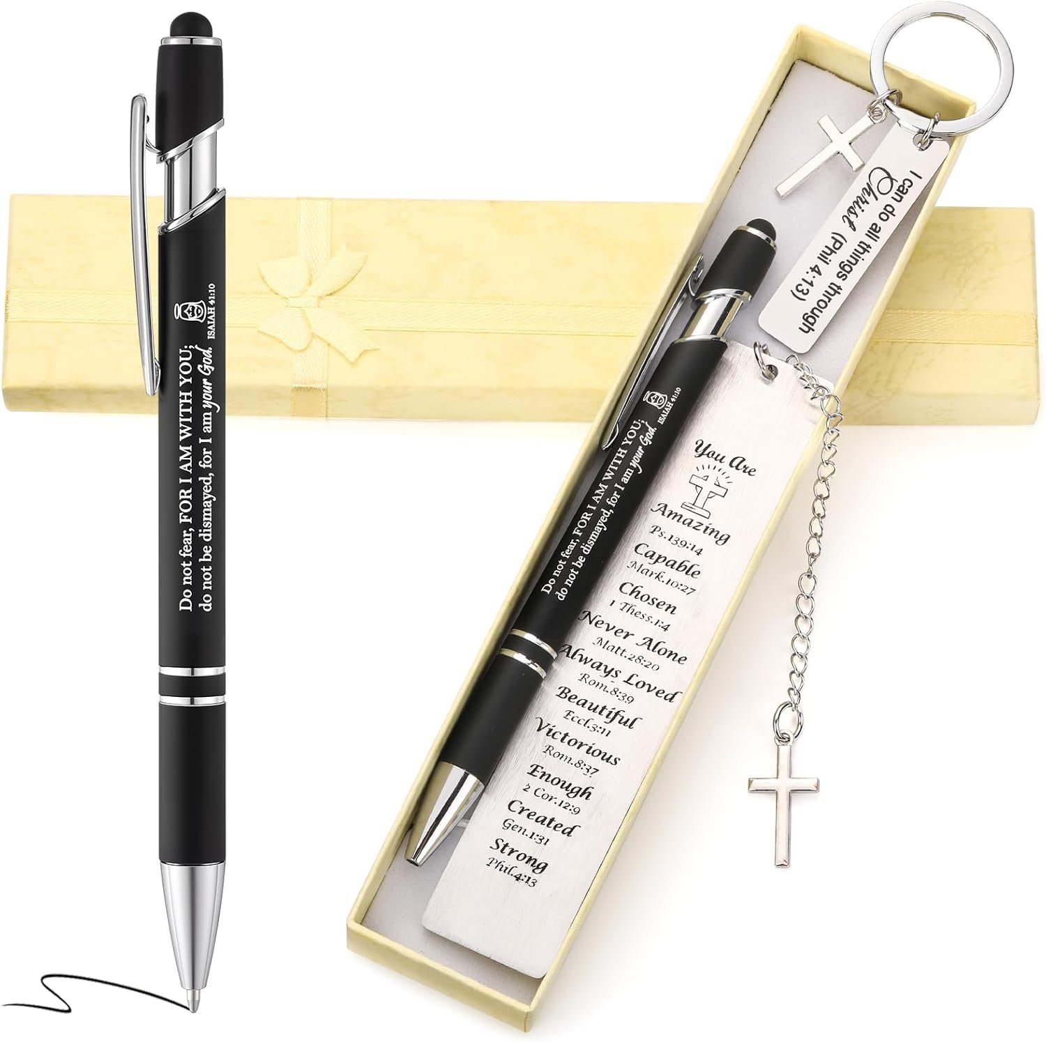 4PCS Christian Gifts Bible Bookmark for Women & Pen &Keychain with Boxed for Christmas Religious Gift,First Communion, Baptism,Confirmation(Yellow)