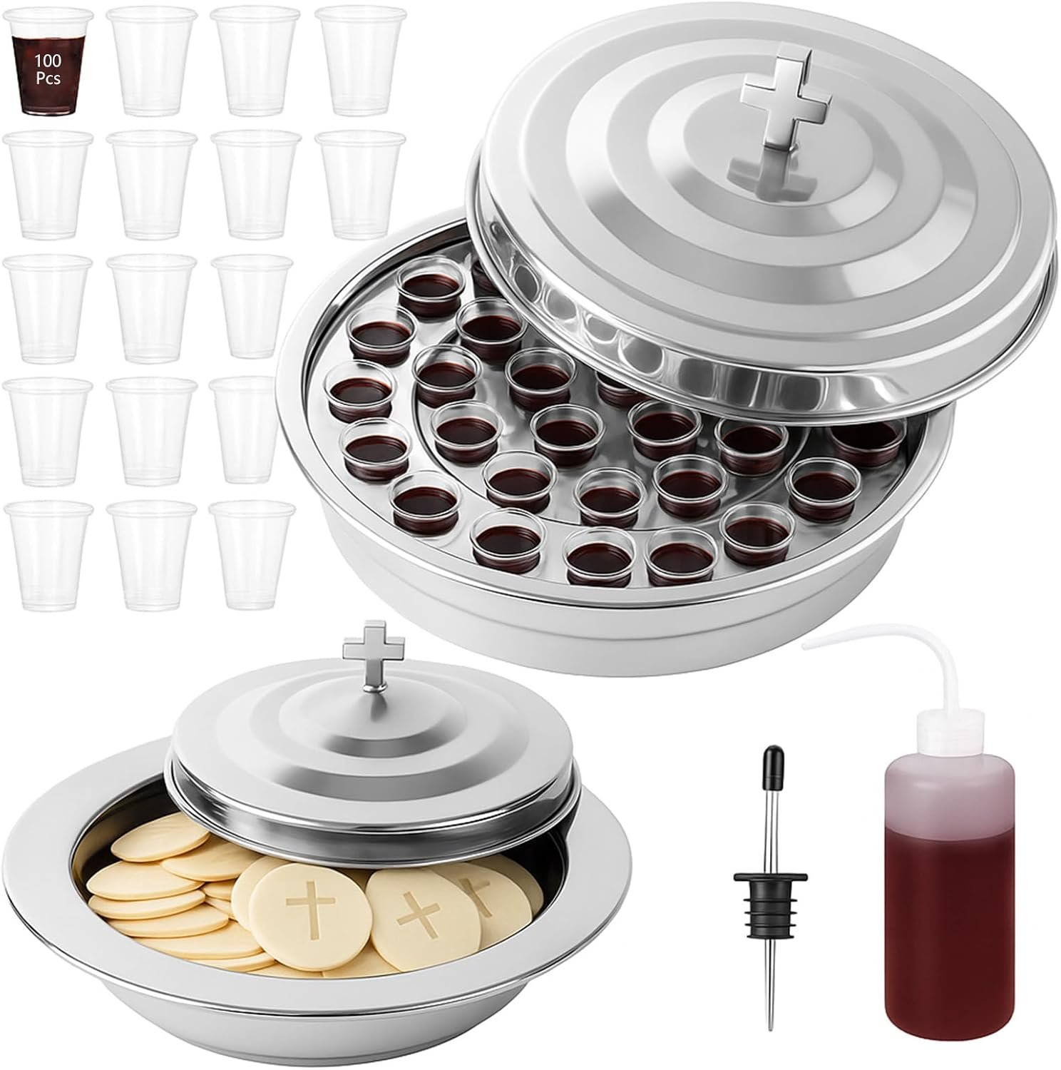 Communion Set, 40-Cup Communion Tray with Lid, Bread Plate with Cover, 100 Disposable Cups, Cup Filler, and Spout, 304 Stainless Steel Material