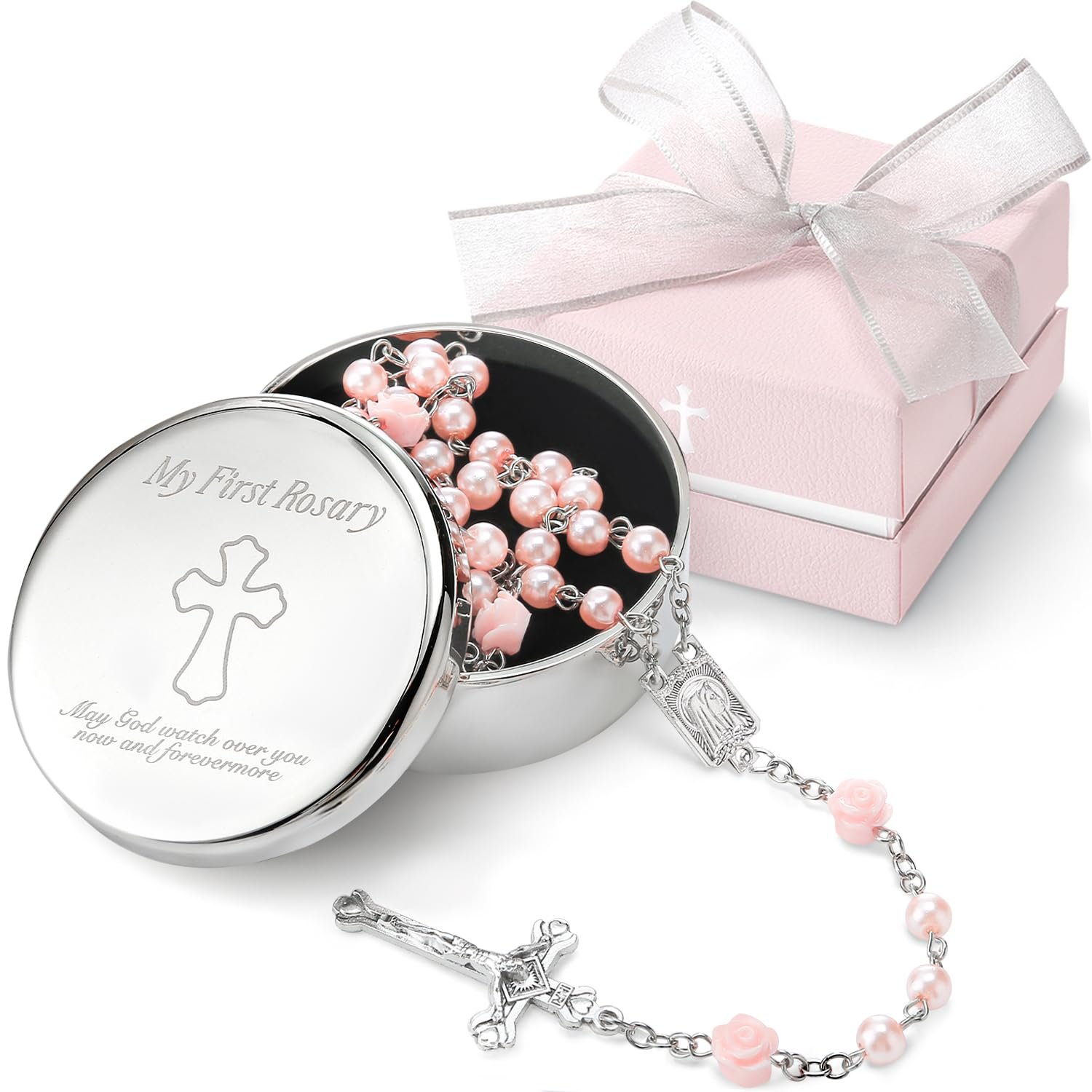 Baptism Gifts for Girl – My First Rosary with Silver-Plated Keepsake Box, Catholic Christening Gift Set, Pink Rosary for Kids, Baptism, First Communion & Baby Dedication Gifts for Girls from Godparent